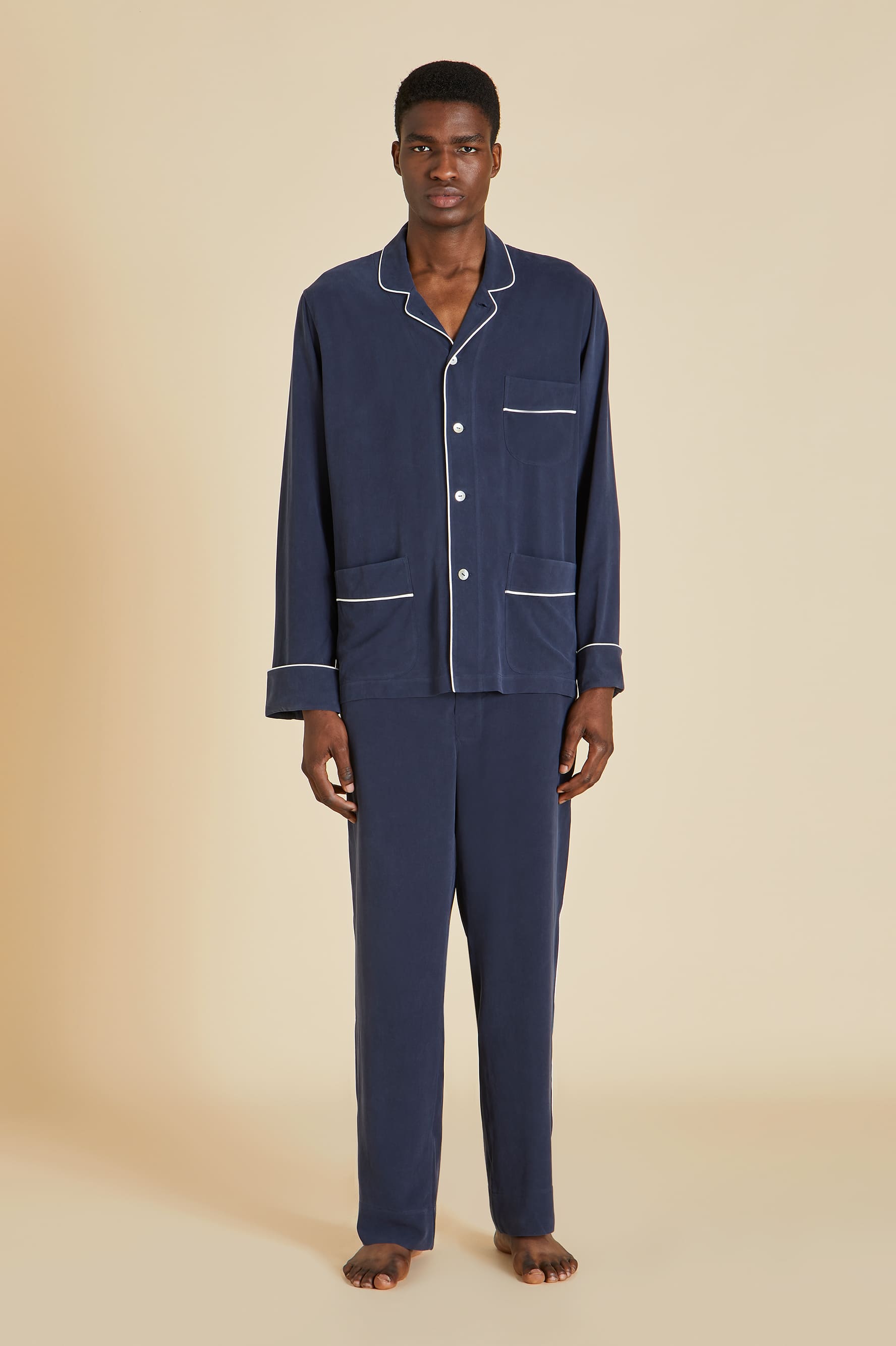 Laurent Navy Pyjama Set in Sandwashed Silk