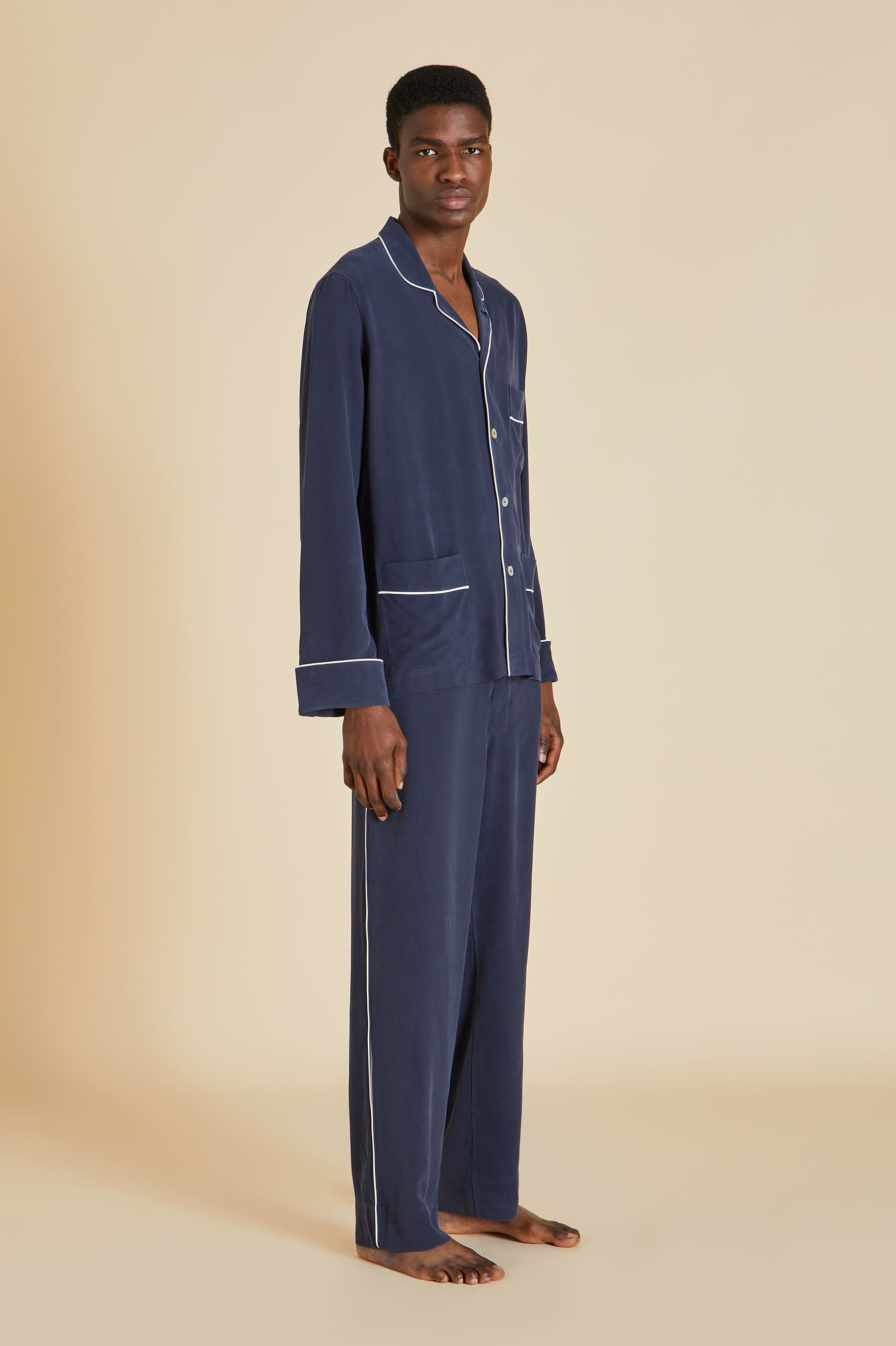 Laurent Navy Pyjama Set in Sandwashed Silk