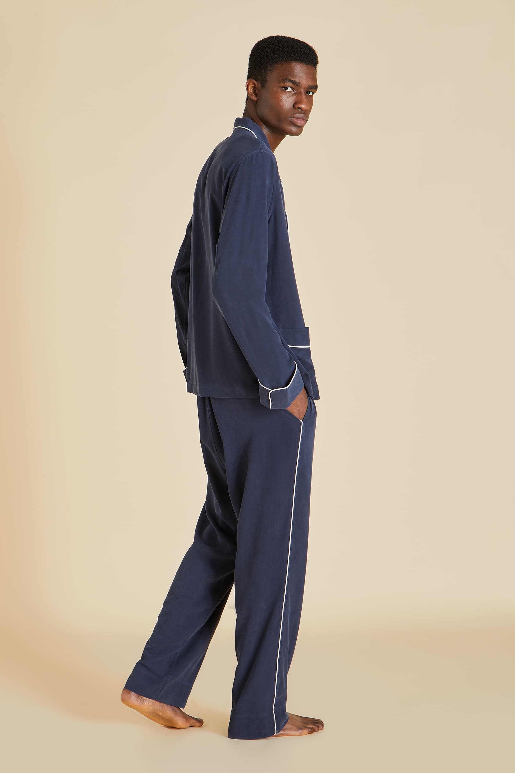 Laurent Navy Pyjama Set in Sandwashed Silk