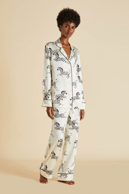 NAVY PRINTED SILK SATIN PAJAMA SET — MENG