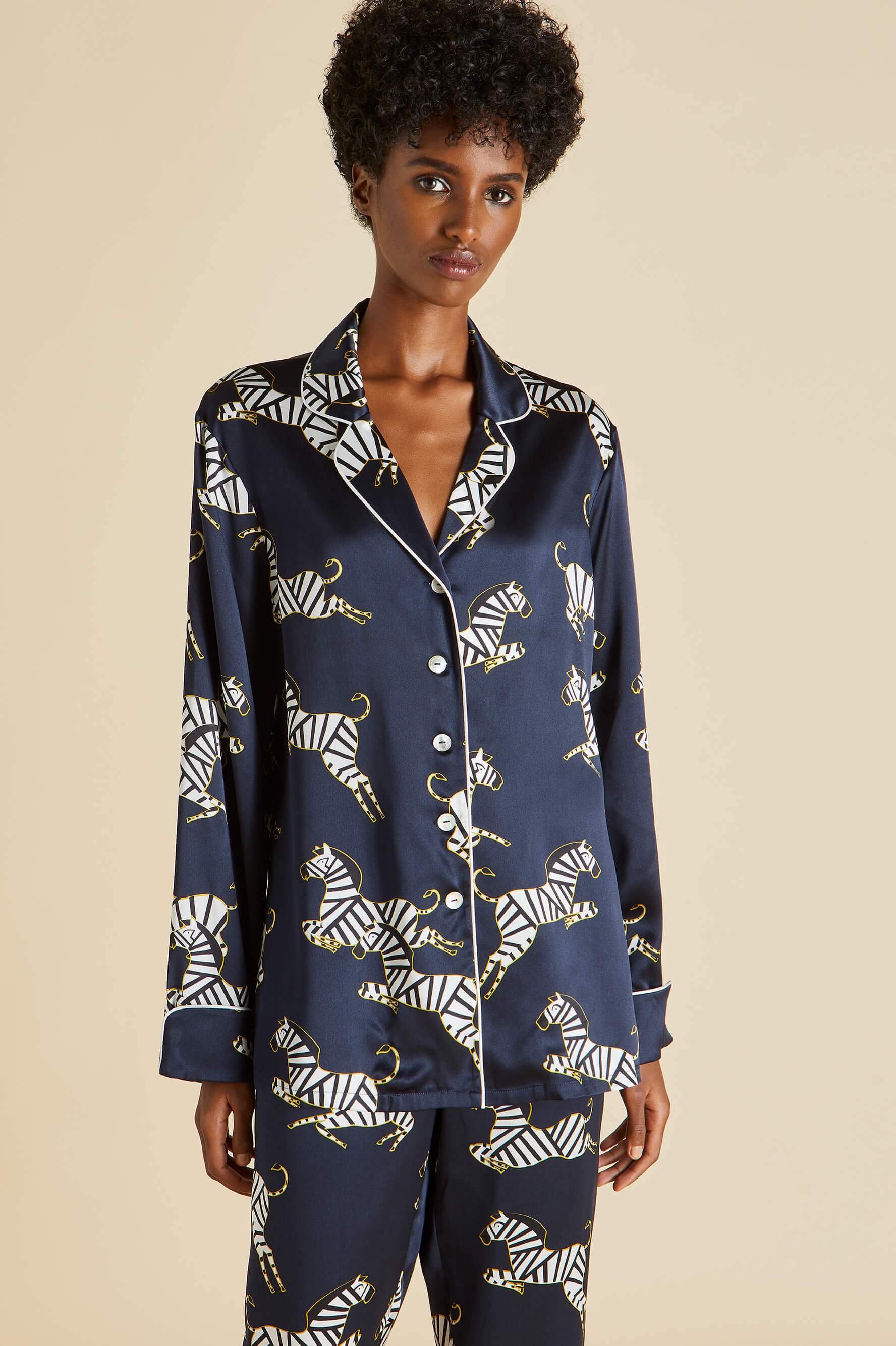 Lila Zizi Navy Pyjamas in Silk Satin | Olivia von Halle