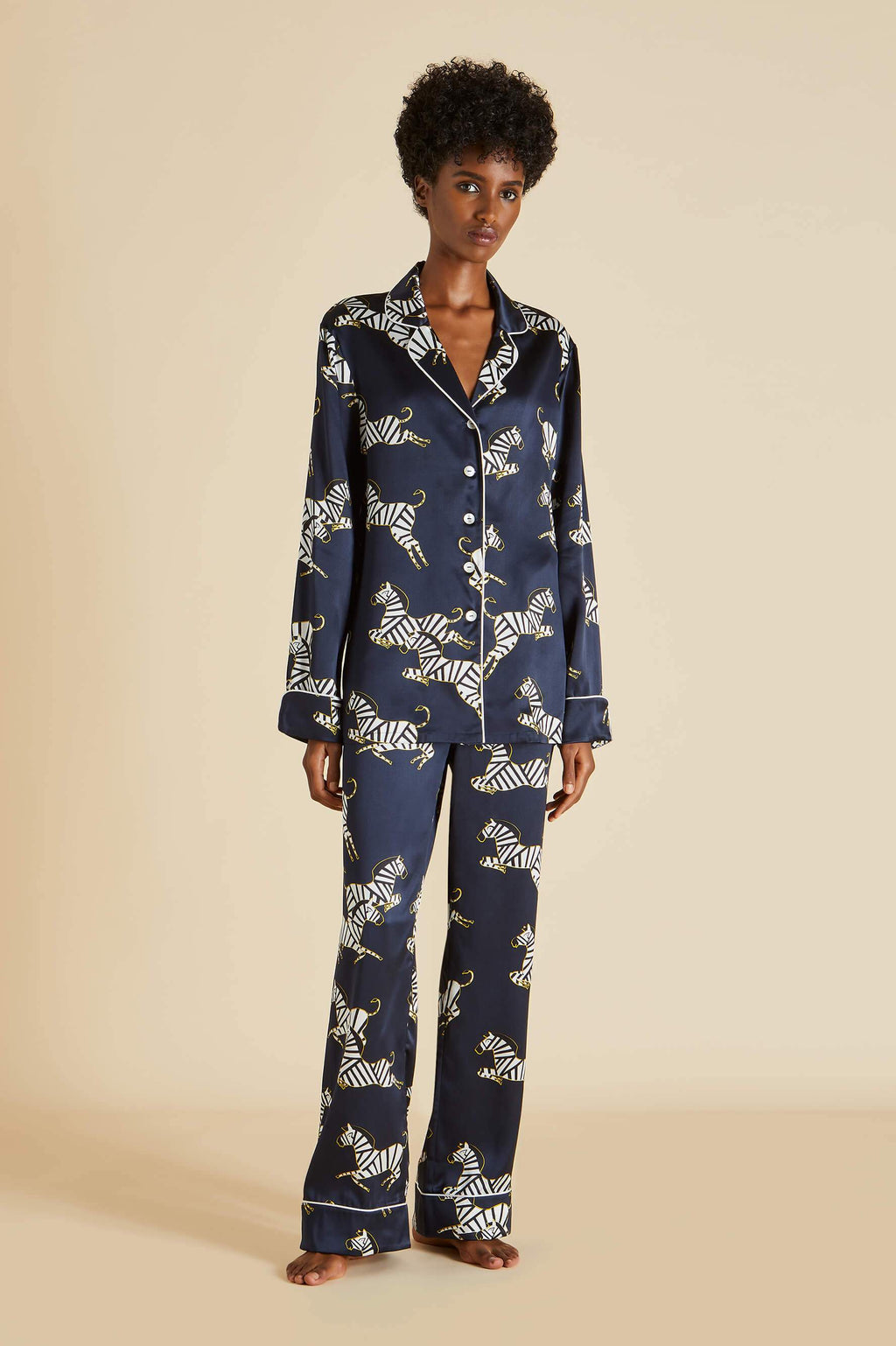 The Lila Zizi  Olivia von Halle Navy Zebra Printed Luxury Silk Pyjama Set