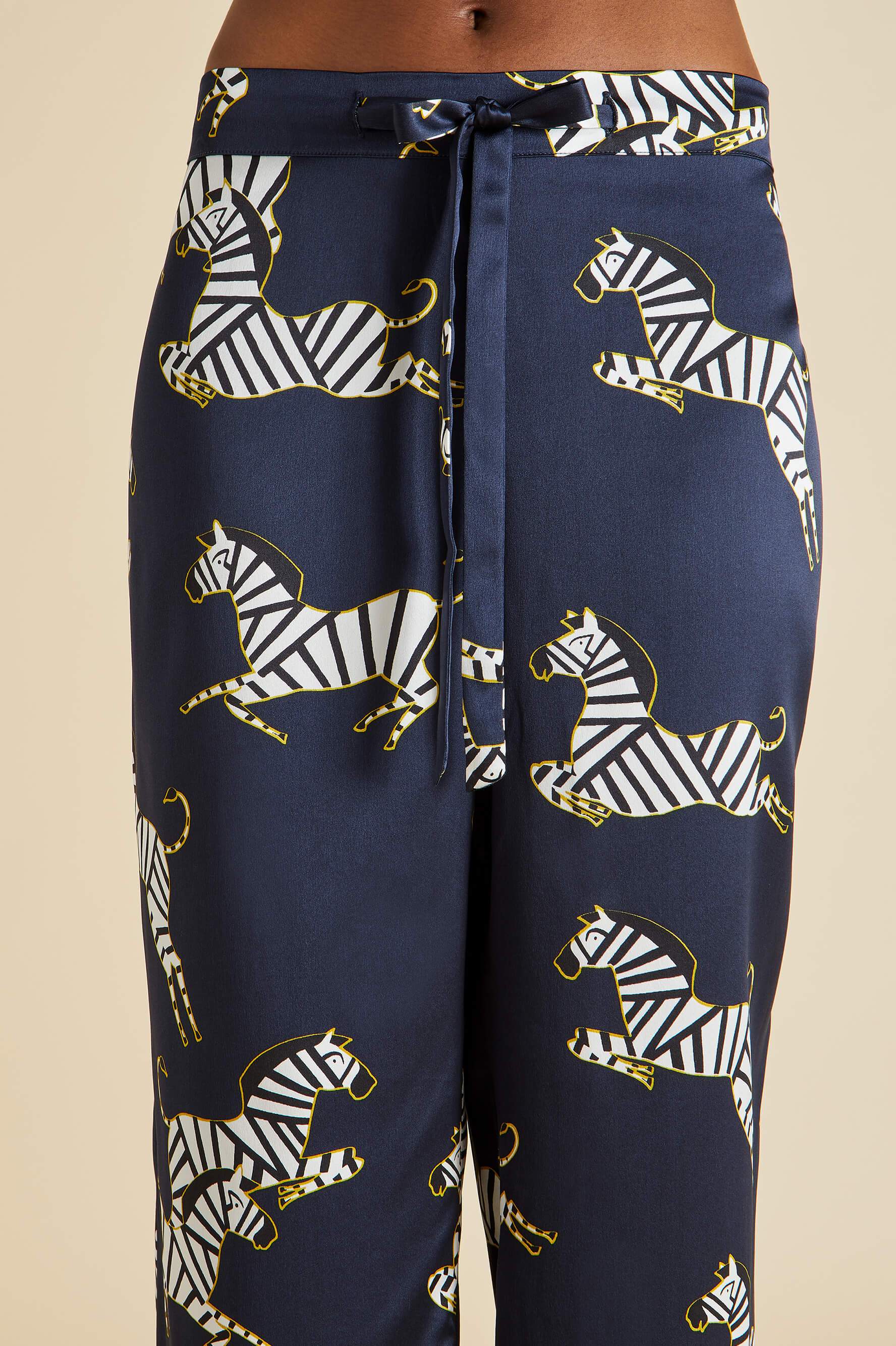 The Lila Zizi  Olivia von Halle Navy Zebra Printed Luxury Silk Pajama Set