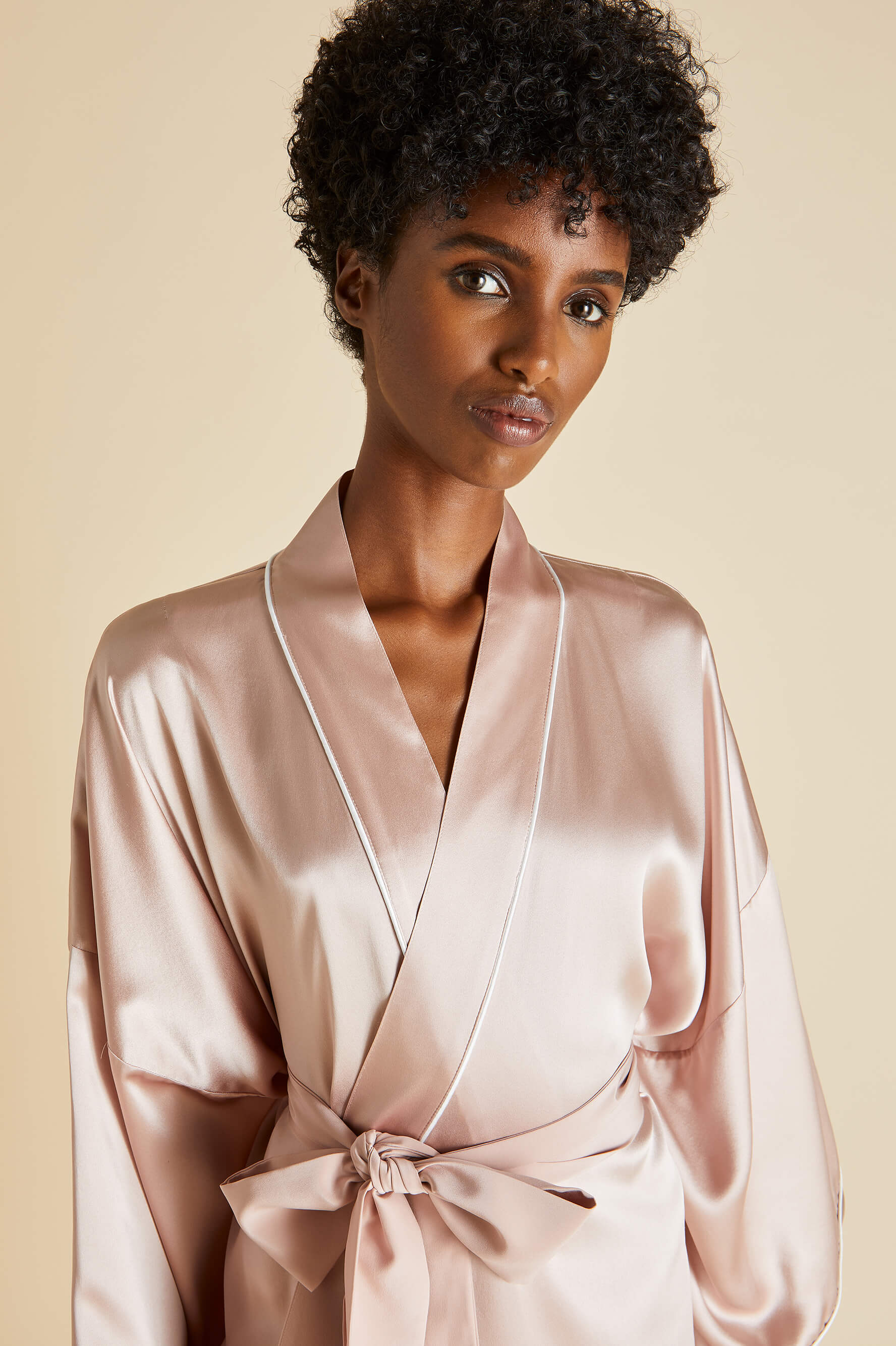 Mimi Oyster Ivory Robe in Silk Satin | Olivia von Halle