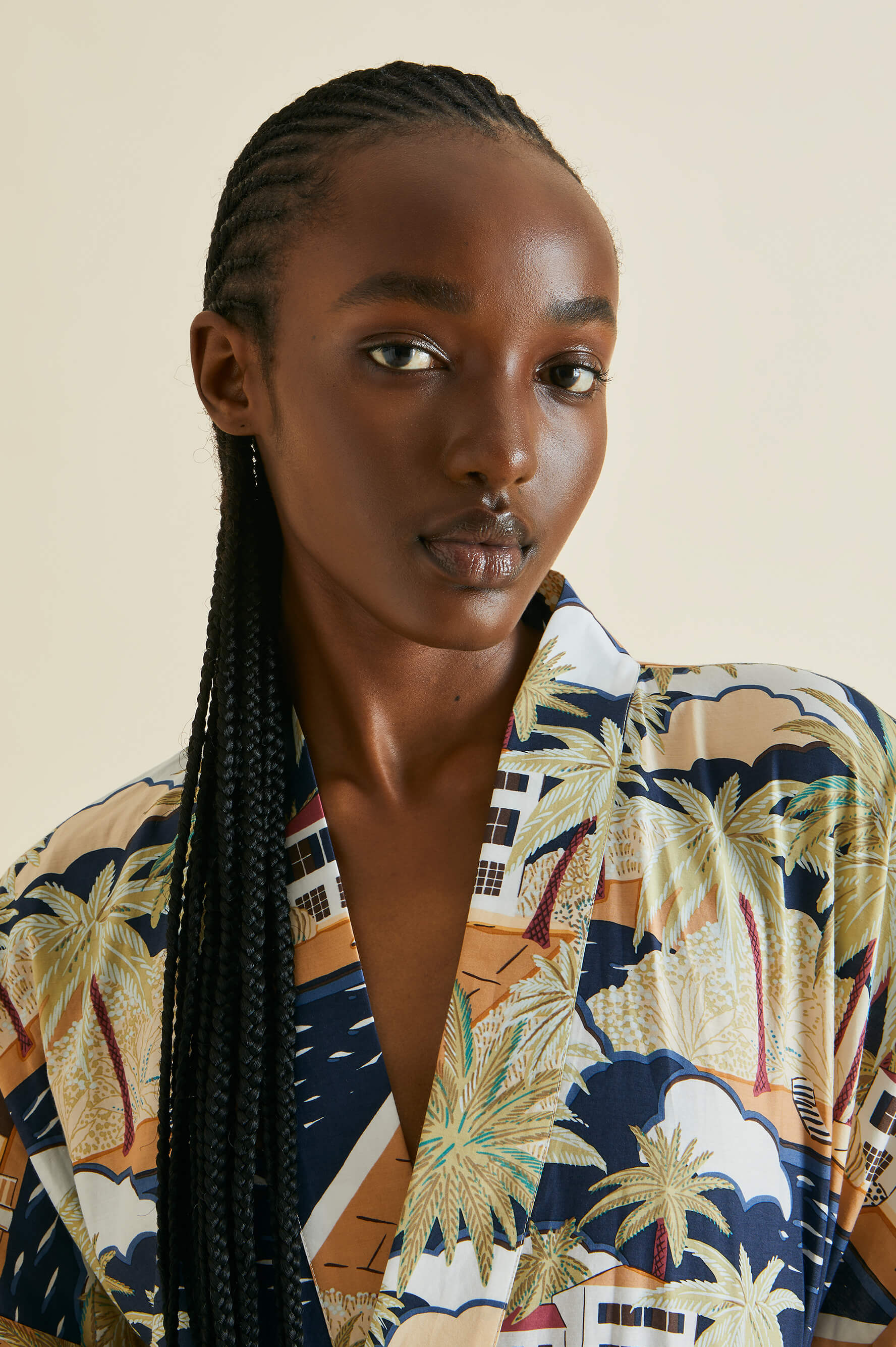 Amaya Ponche Navy Palm Cotton-Silk Robe