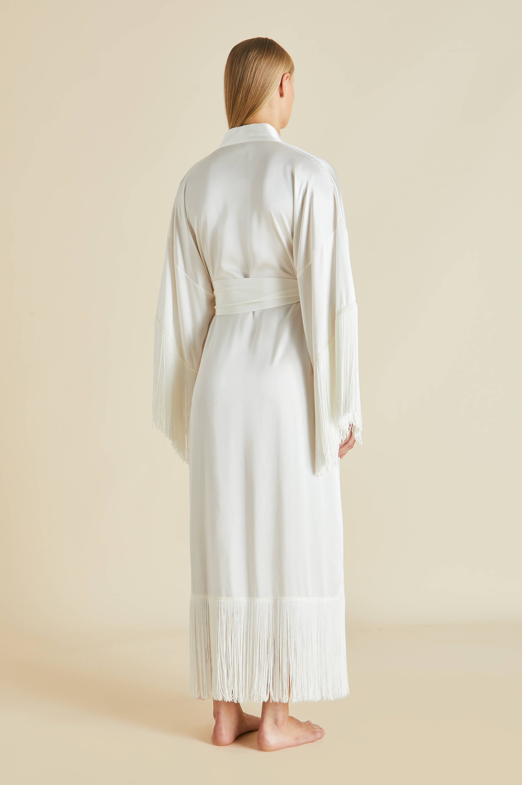 Amina Ivory Fringed Robe in Silk Satin