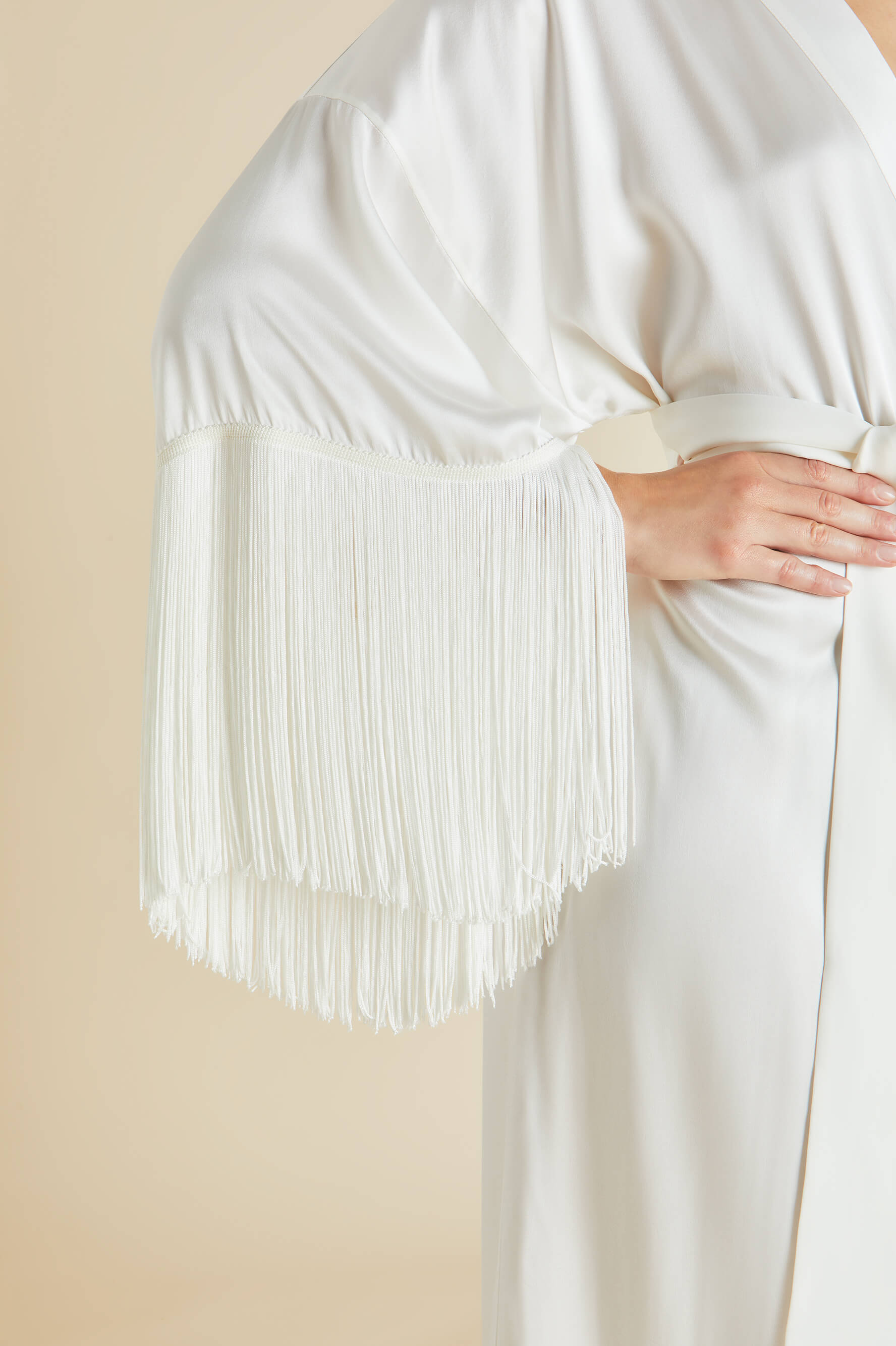 Amina Ivory Fringed Robe in Silk Satin