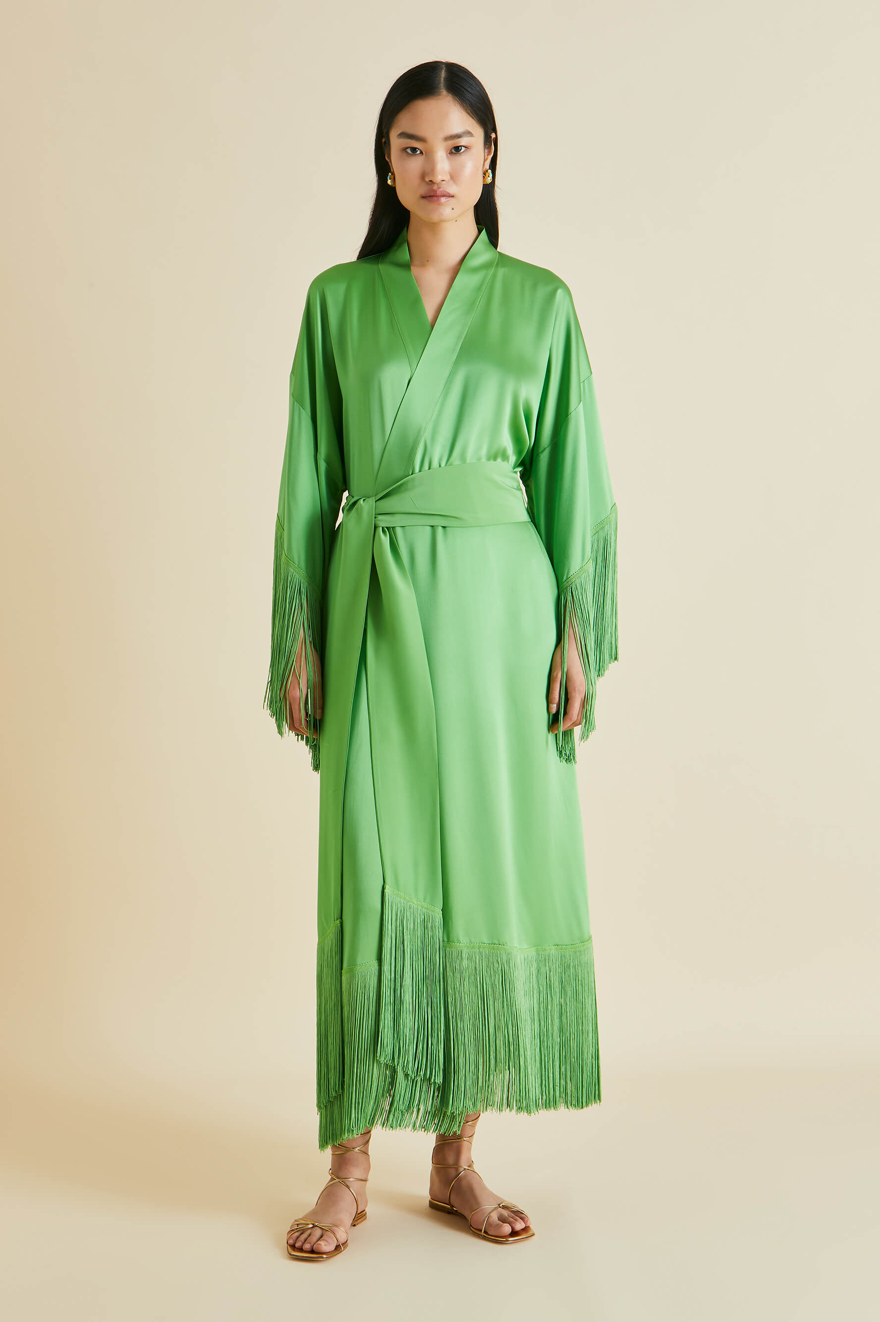 Amina Parakeet Green Fringed Silk Satin Robe