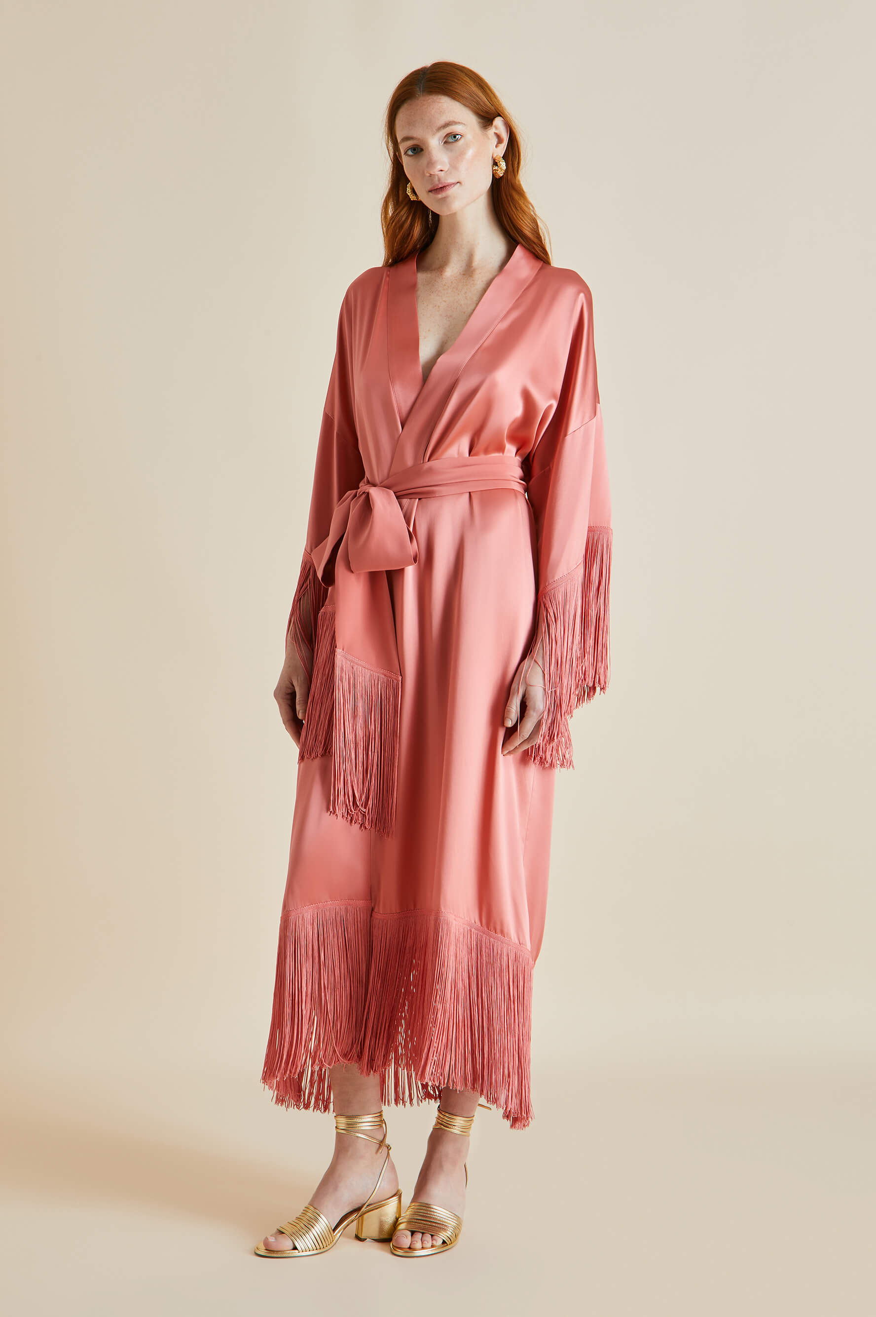 Amina Rose Pink Silk Fringed Robe