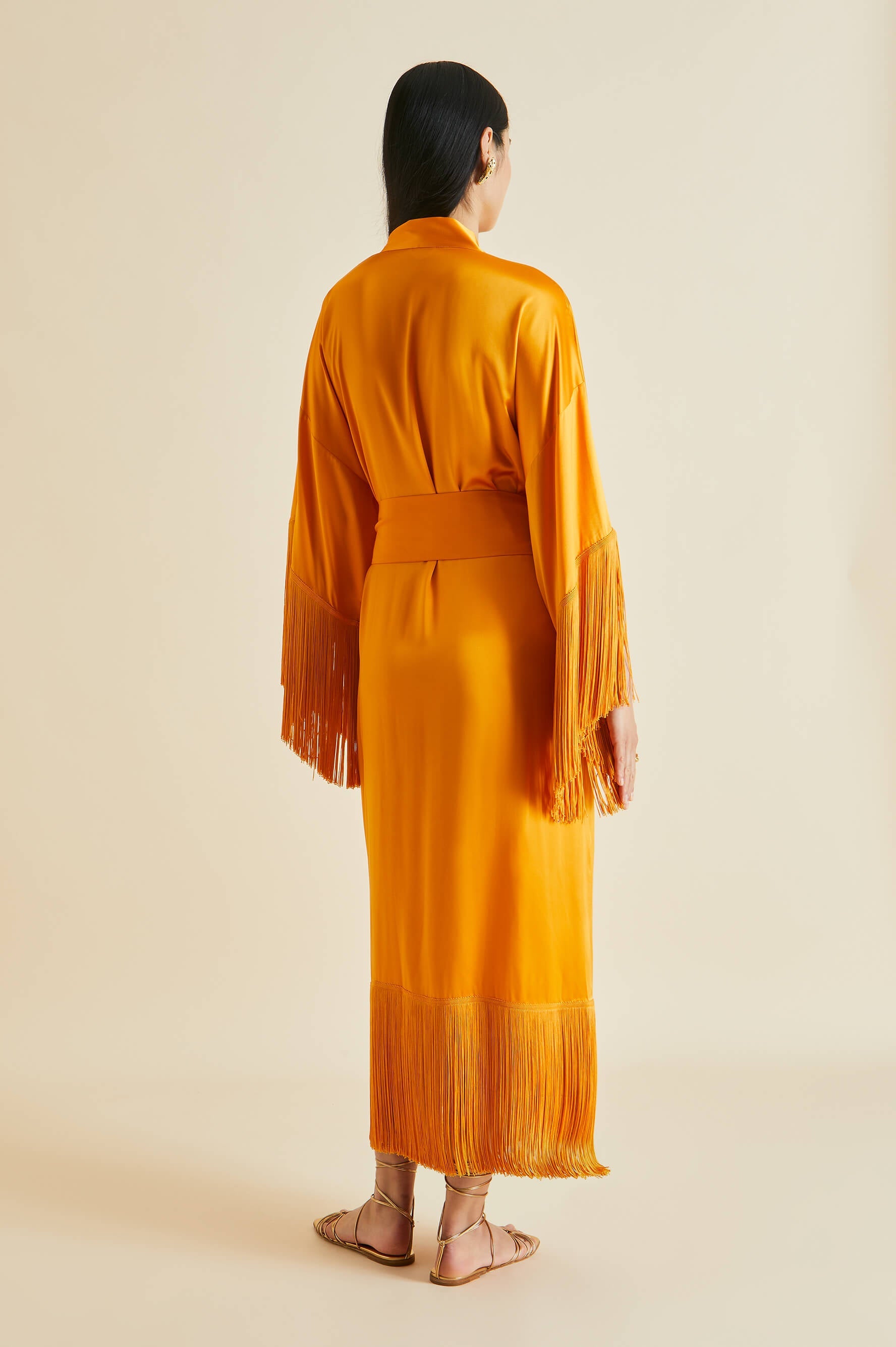 Amina Orange Fringed Silk Satin Robe