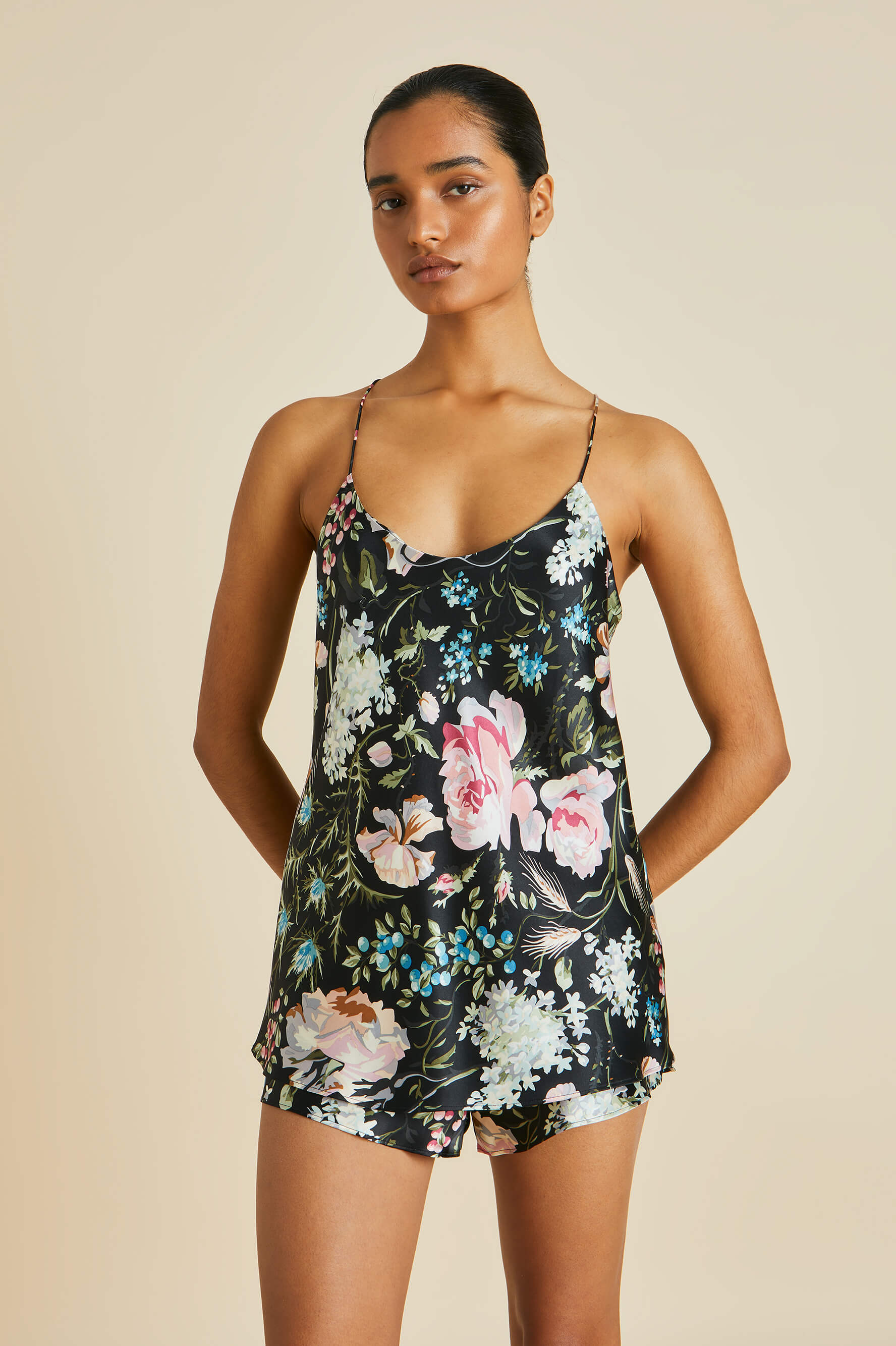 Bella Esme Black Floral Camisole Set in Silk Satin