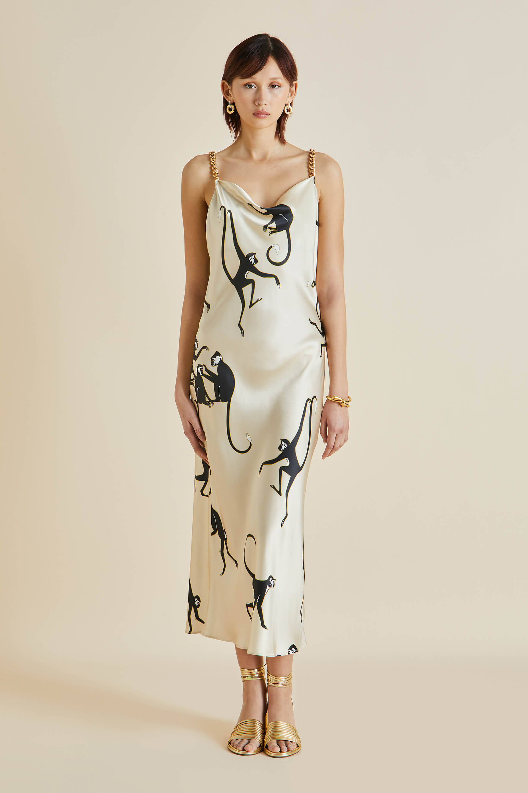 bibi cream monkey print silk satin slip dress