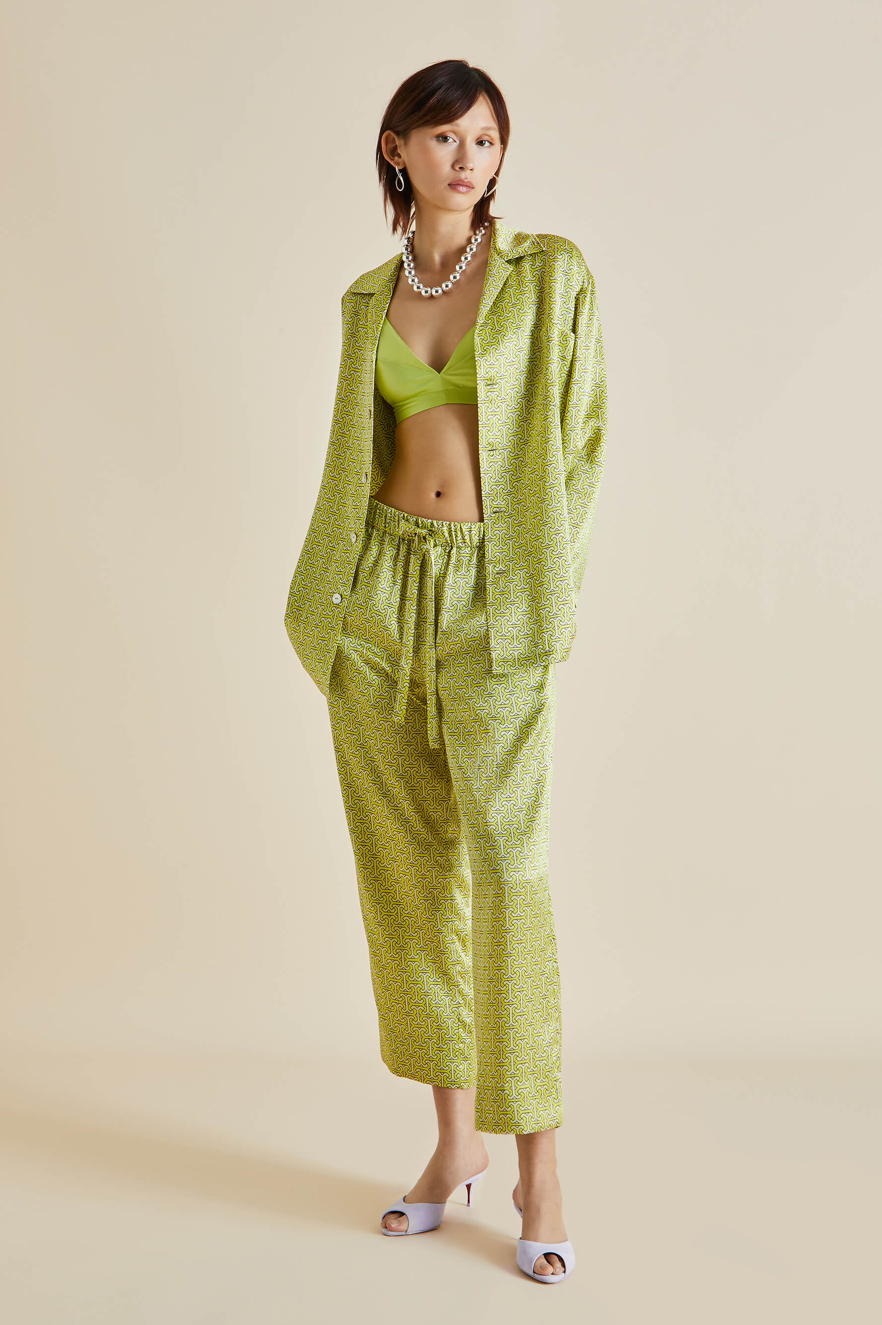 Casablanca Mirage Green Geometric Silk Satin Pyjamas
