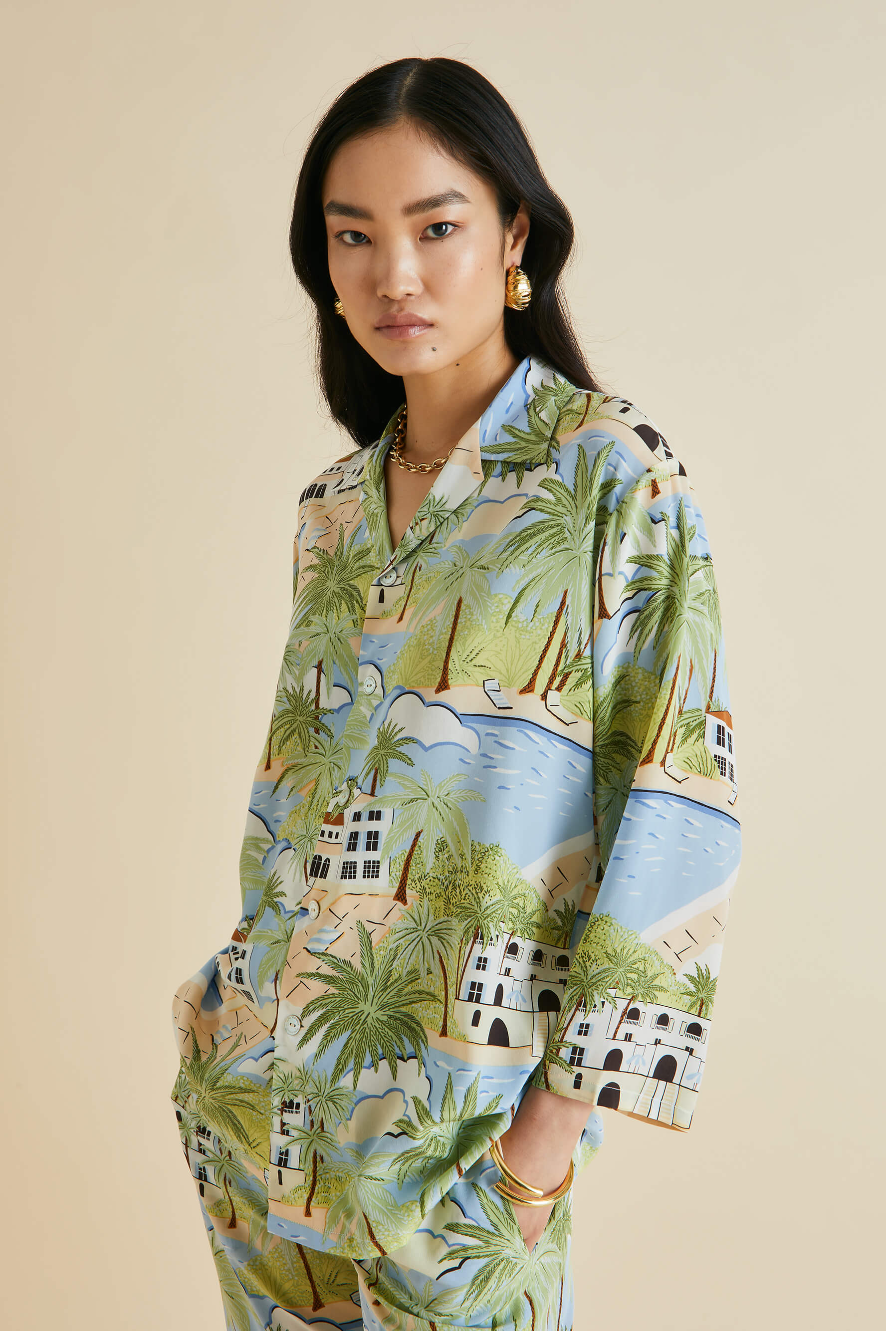 Casablanca Pablo Green Palm Silk Crêpe de Chine Pyjamas