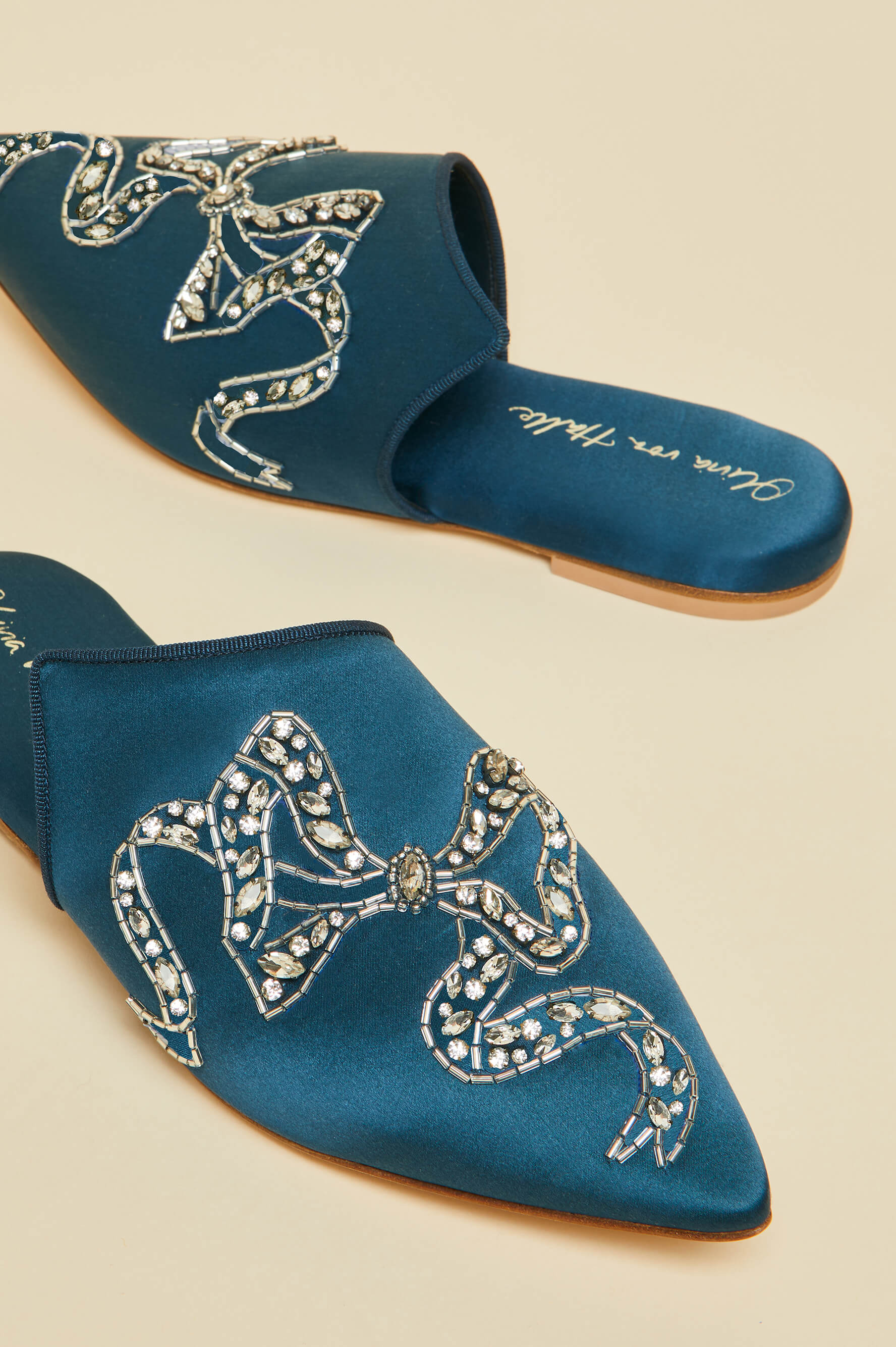 Contessa Grace Blue Embellished Slippers in Silk Satin Olivia von Halle