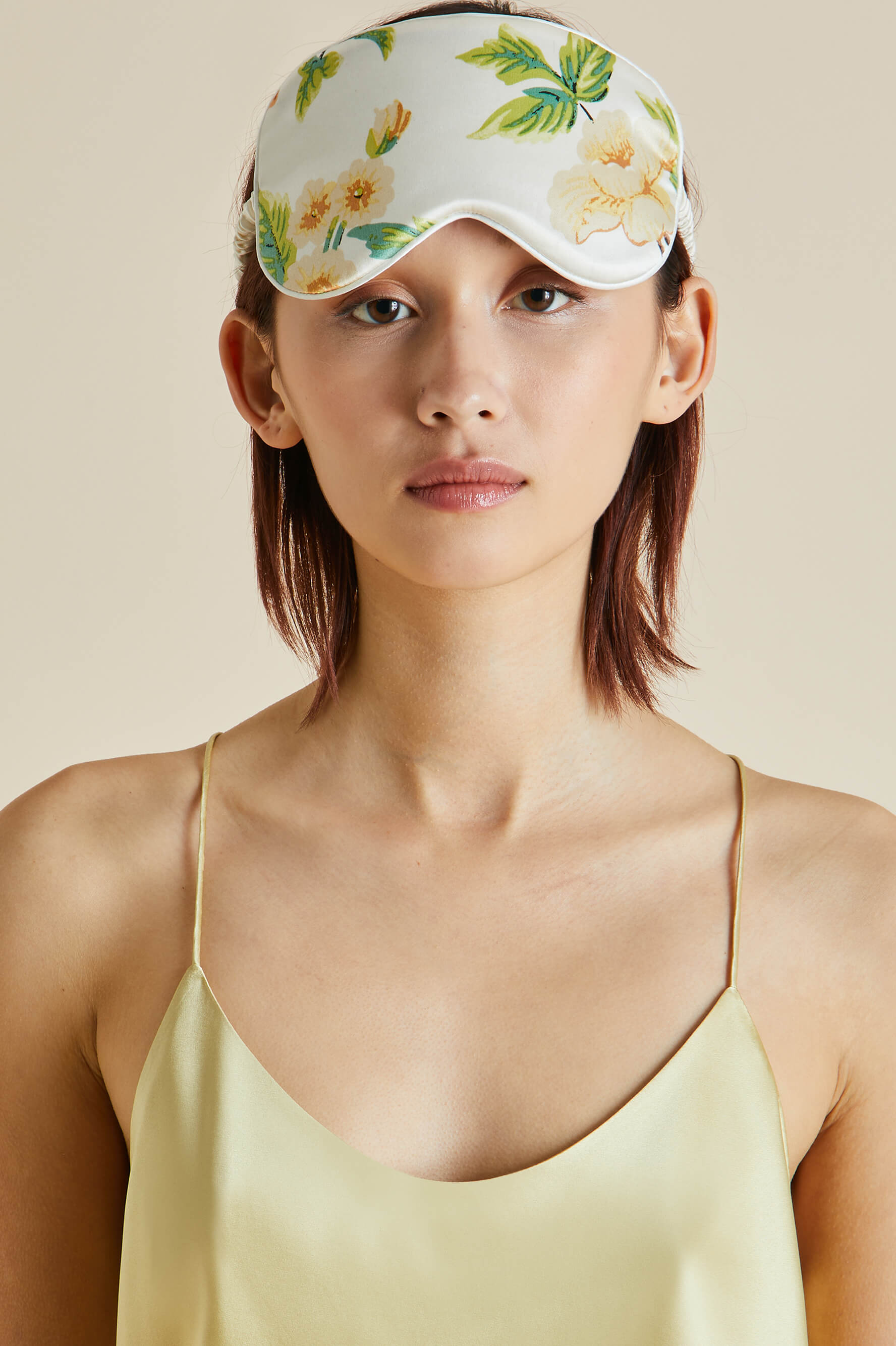 Adisorn Cream Floral Silk Satin Eye Mask