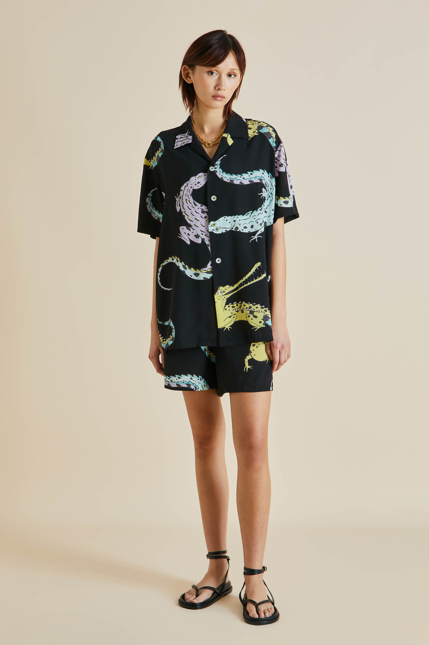 Emeli Sanuk Black Crocodile Silk Crêpe de Chine Pyjamas