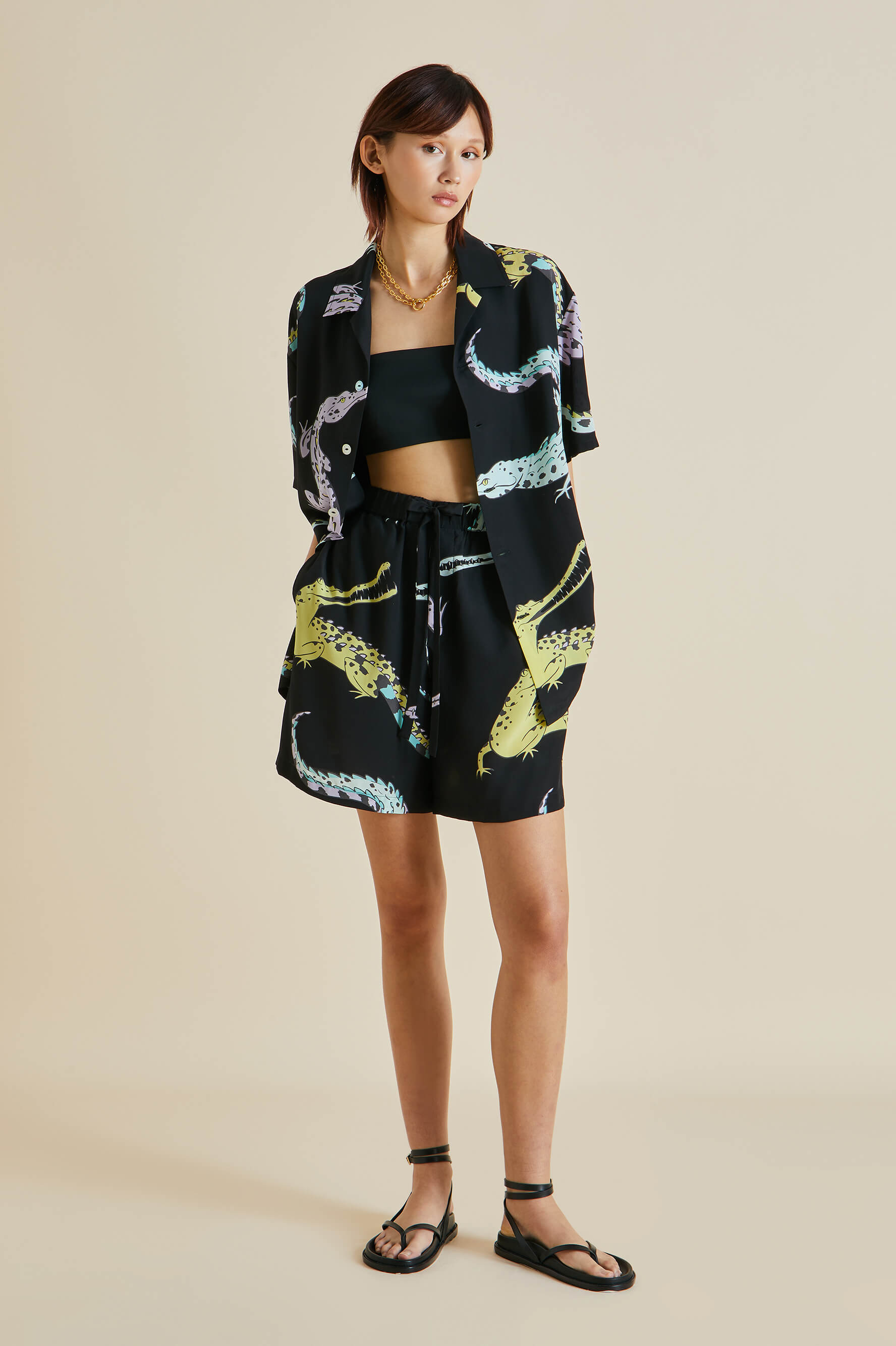 Emeli Sanuk Black Crocodile Silk Crêpe de Chine Pyjamas