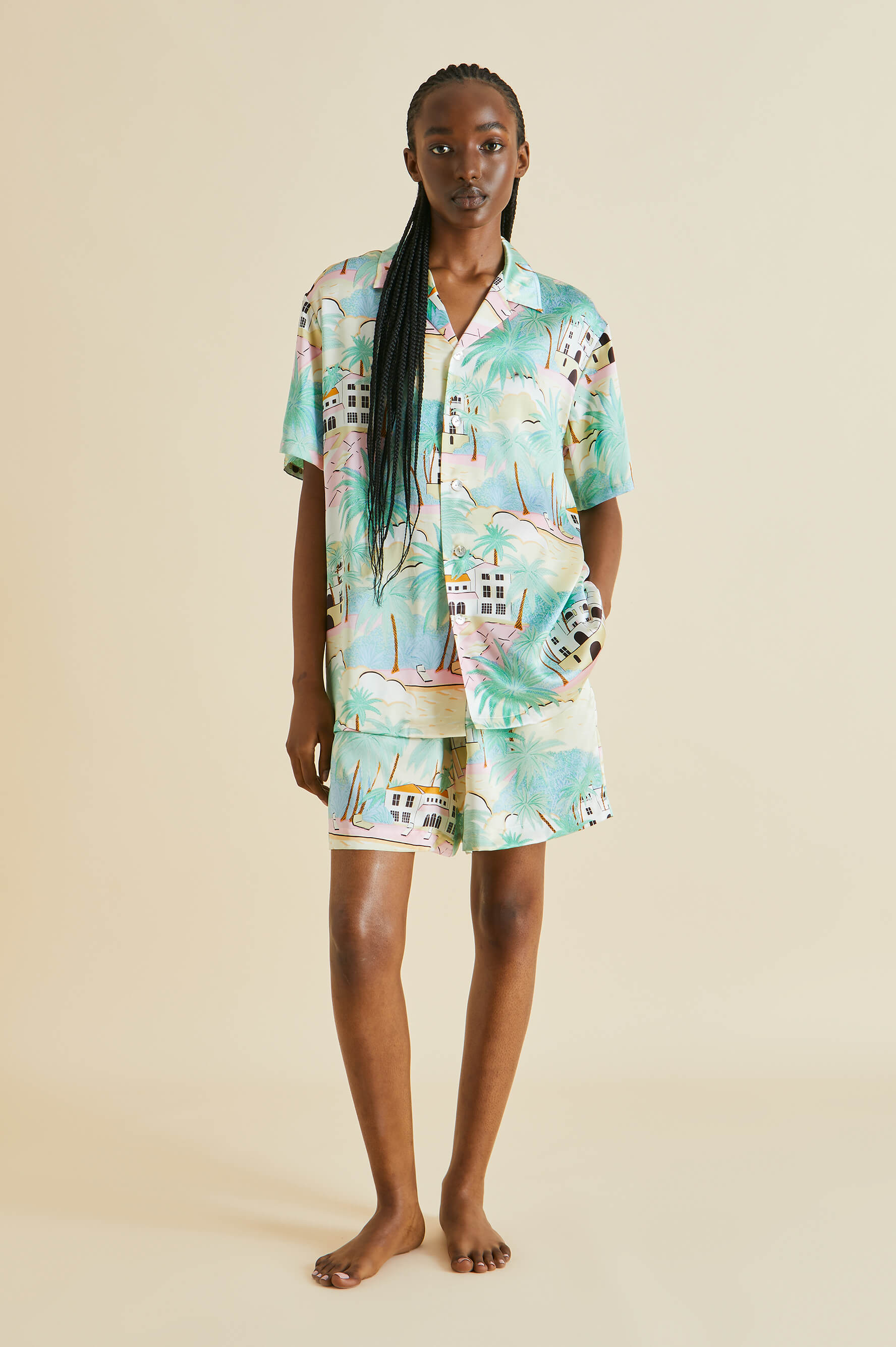 Emeli Pampelonne Green Palm Silk Satin Pyjamas