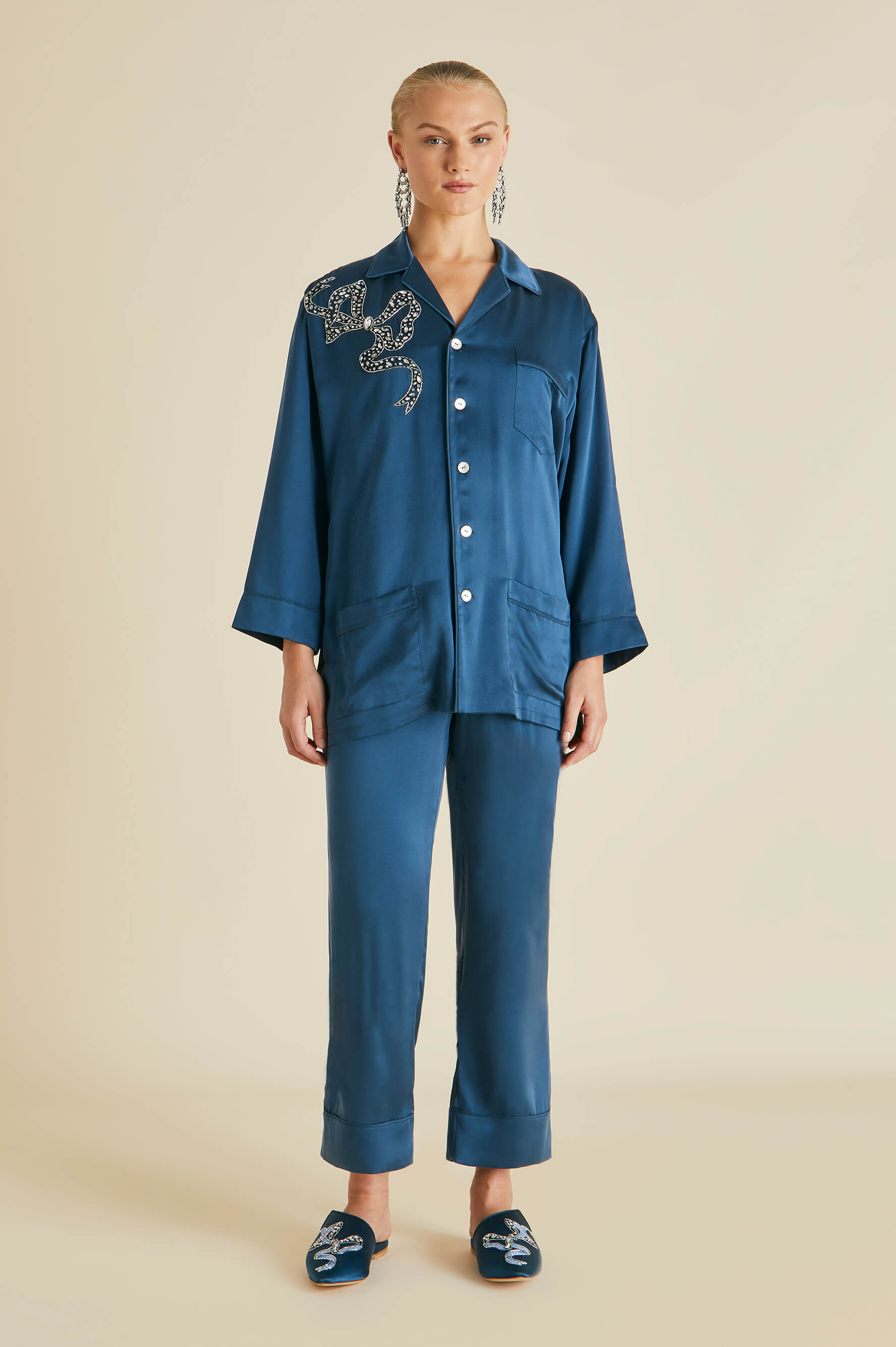 Fifi Grace Blue Embellished Silk Satin Pyjamas