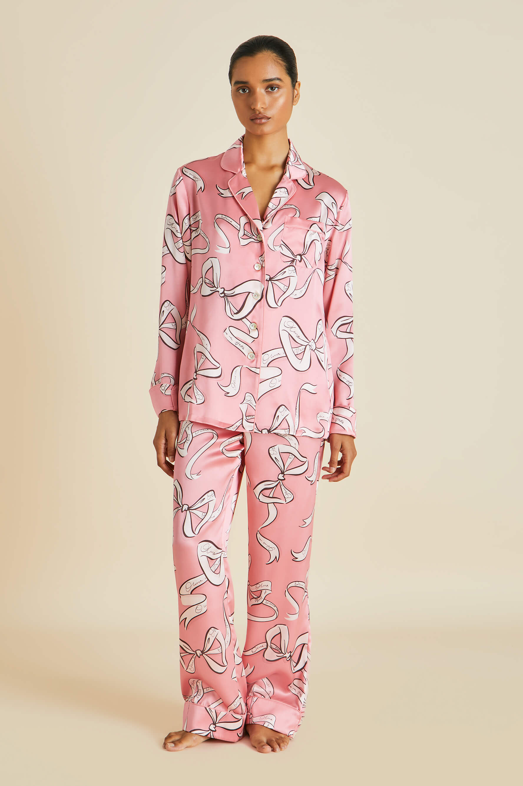 Lila Aileas Pink Bow Pyjamas in Silk Satin