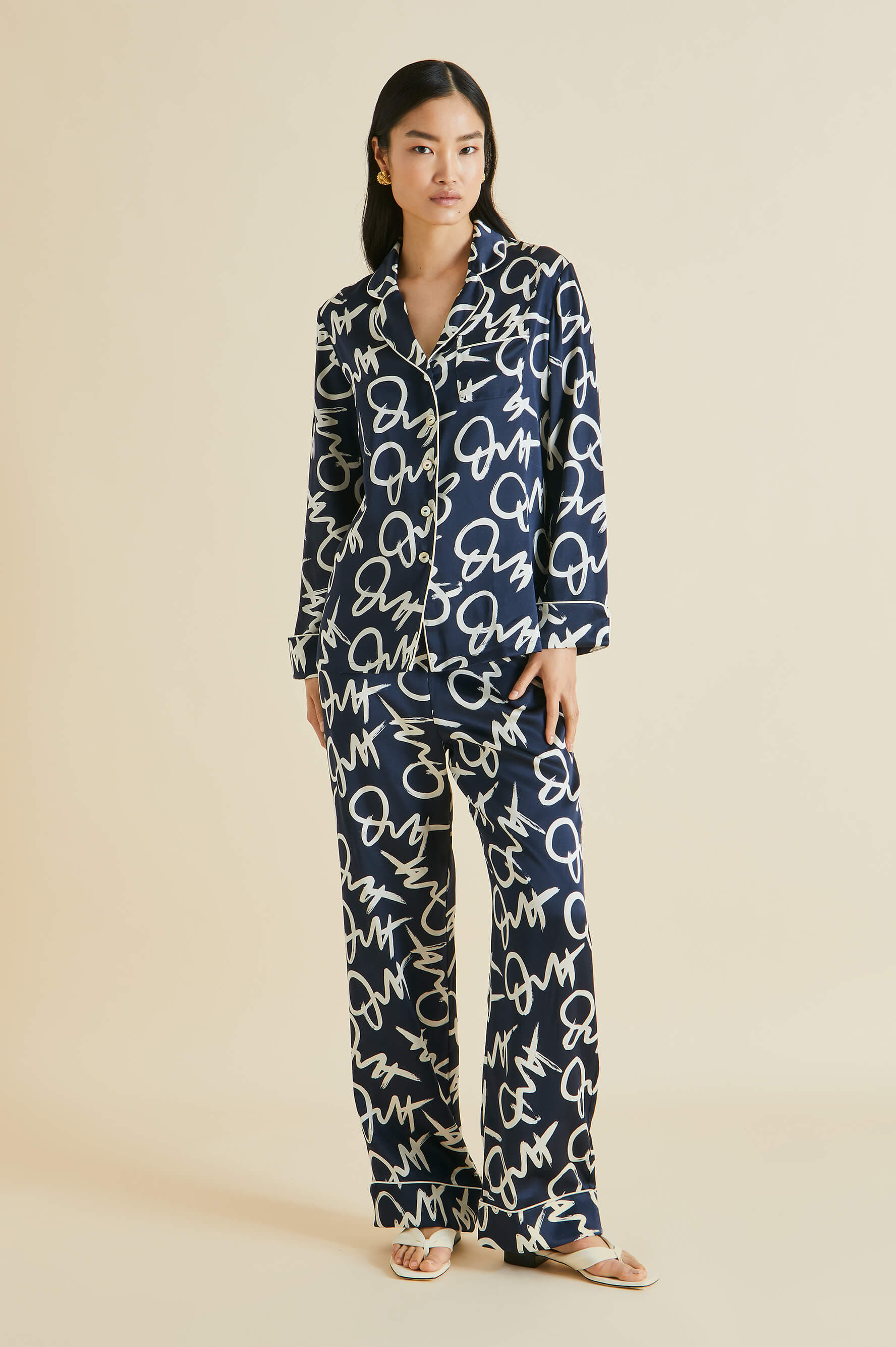 Lila Brigitte Navy Signature Silk Satin Pyjamas