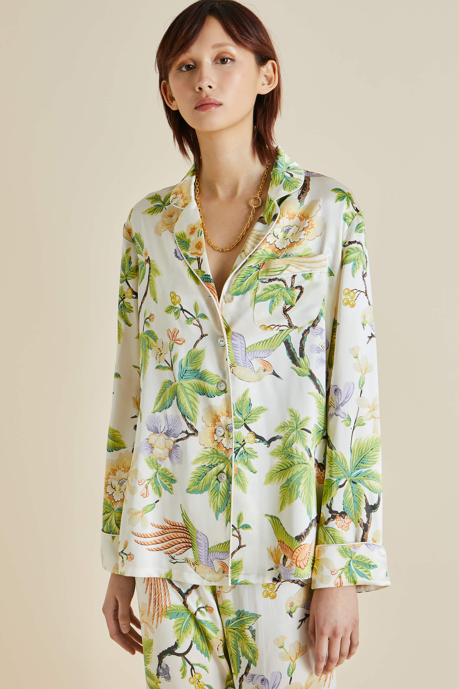 Lila Adisorn Cream Floral Silk Satin Pyjamas