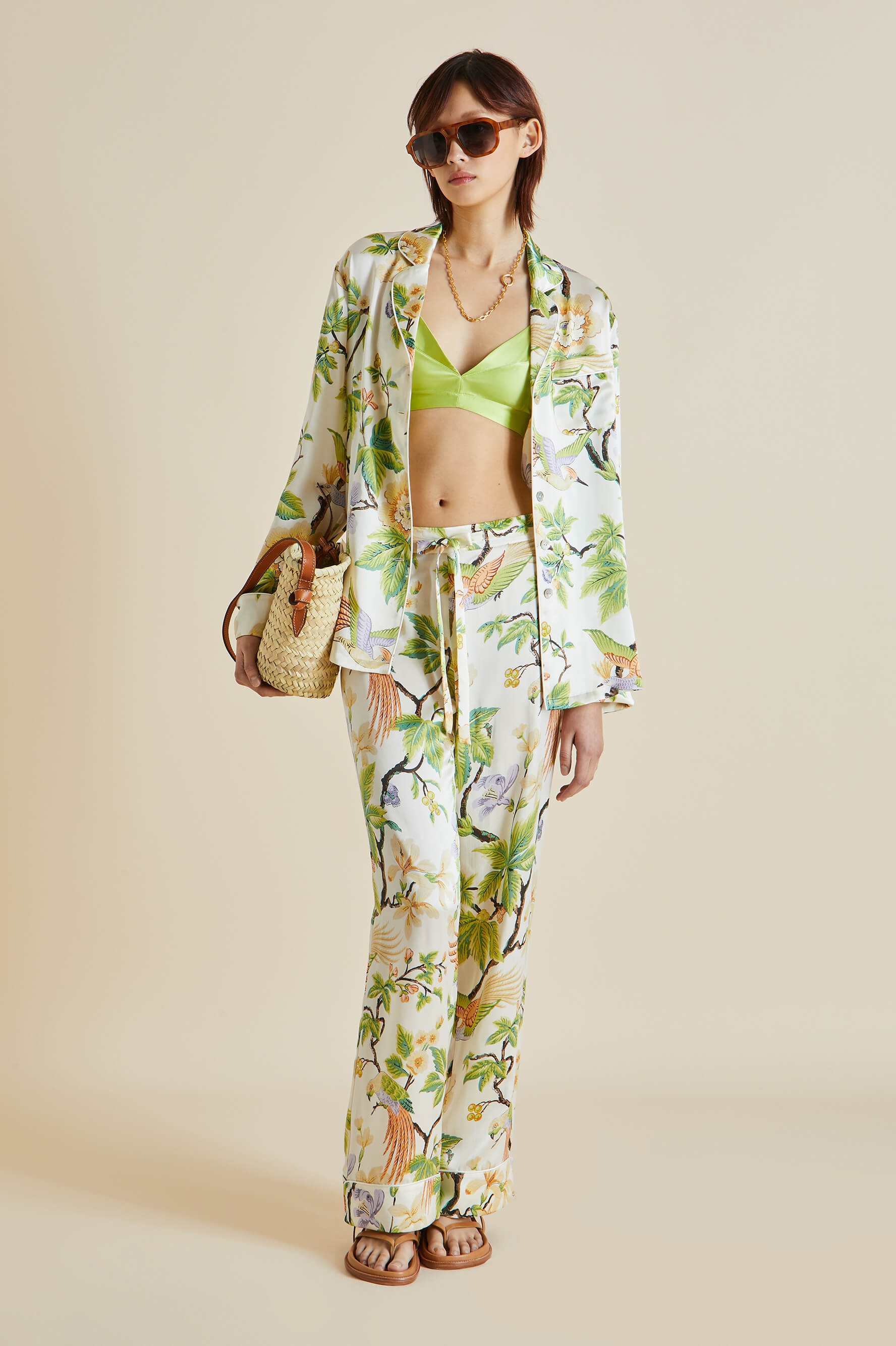 Lila Adisorn Cream Floral Silk Satin Pyjamas