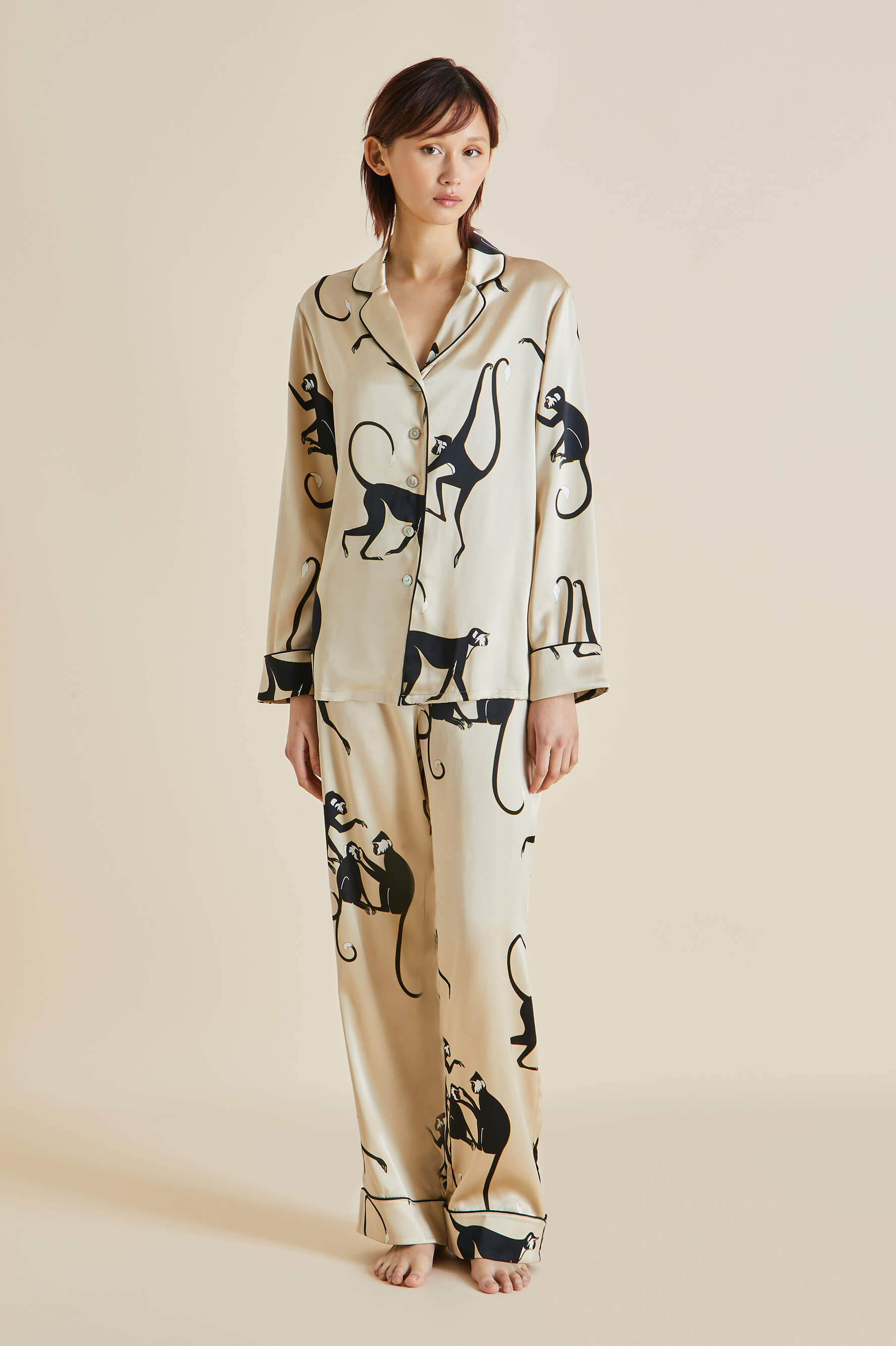 Lila Macaque Cream Monkey Silk Satin Pyjamas