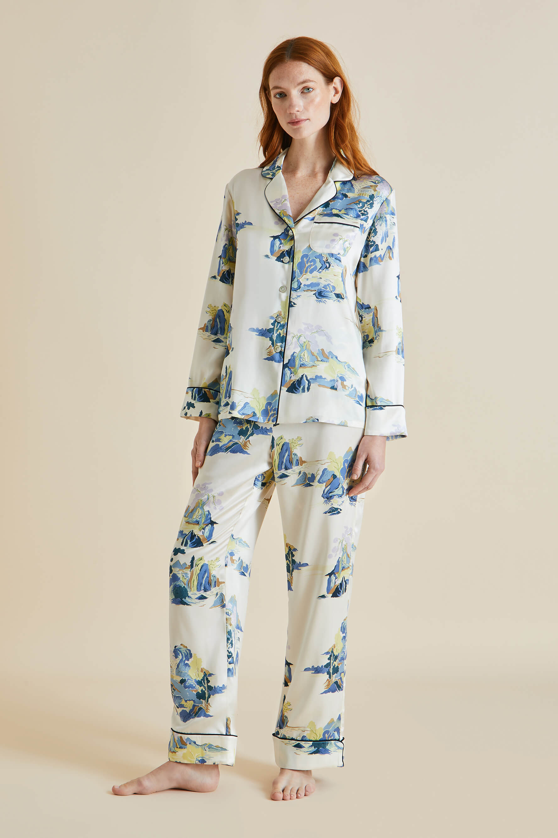 Lila Paradise Cream Mountainscape Silk Satin Pyjamas