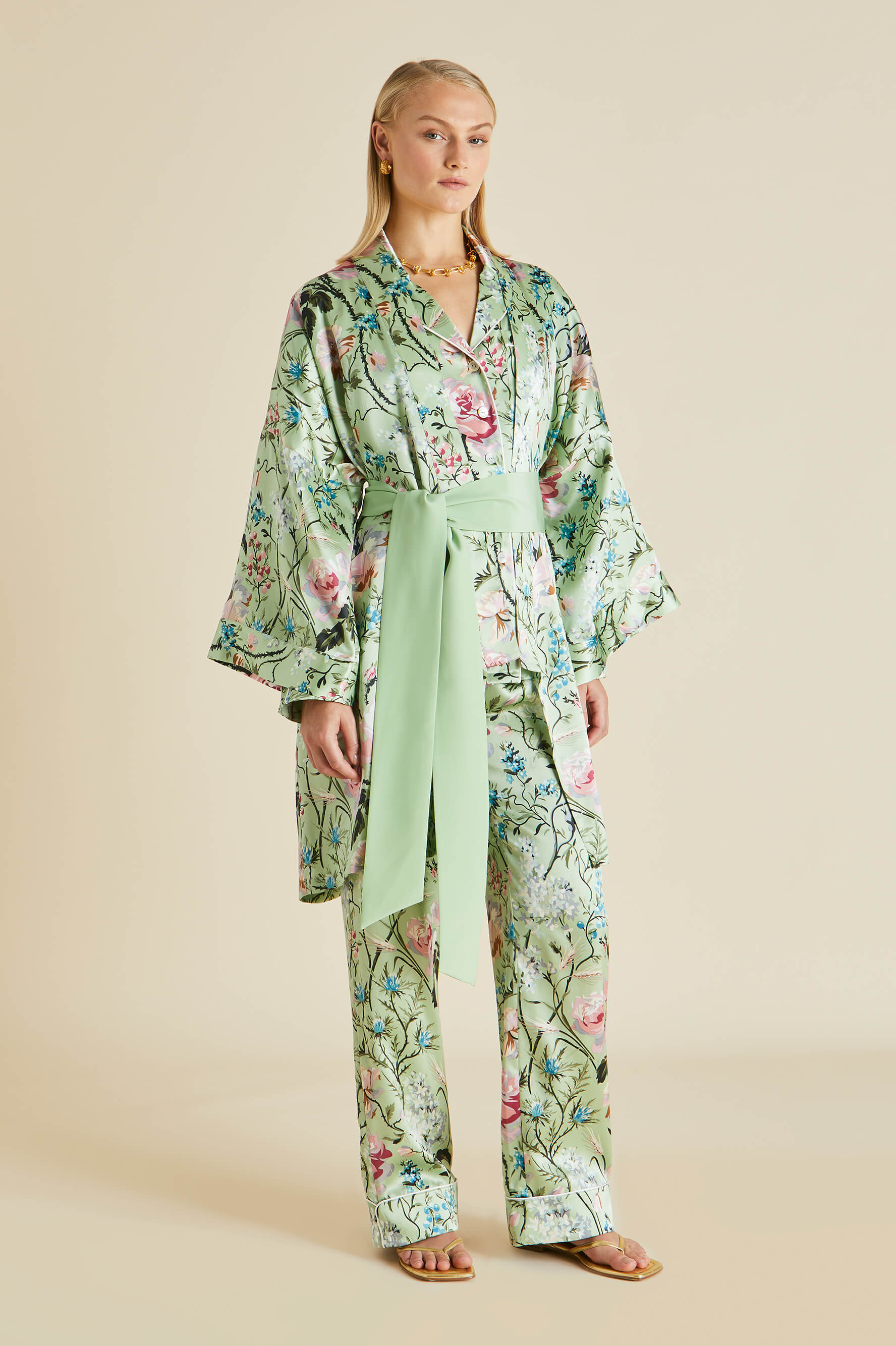 Lila Effie Green Floral Silk Satin Pyjamas