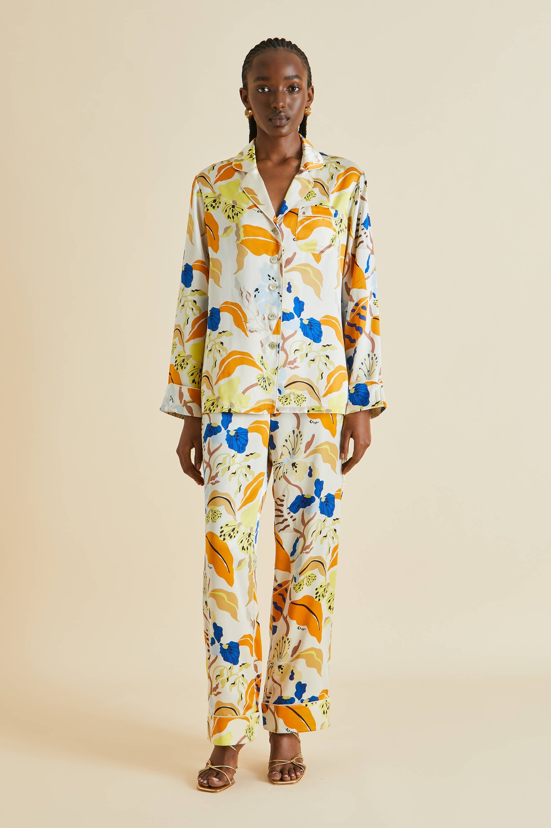 Lila Feliu Cream Floral Silk Satin Pyjamas
