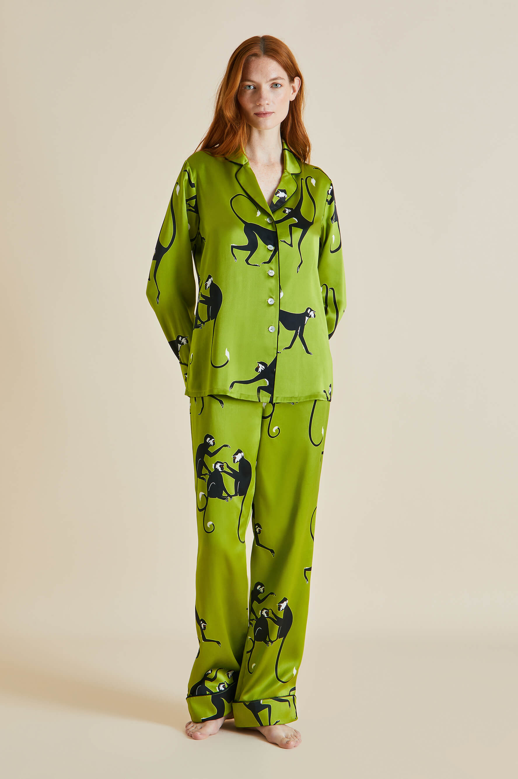 Lila Mangabey Green Monkey Silk Satin Pyjamas