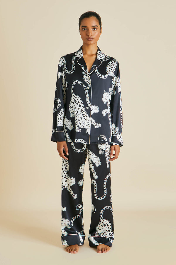 Lila Isla Black Leopard Silk Satin Pyjamas