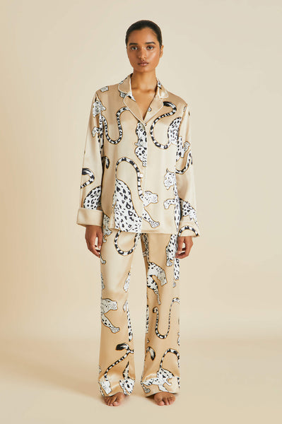 High Quality Women's Pajamas Set Creamy Leopard Sleepdress Silk