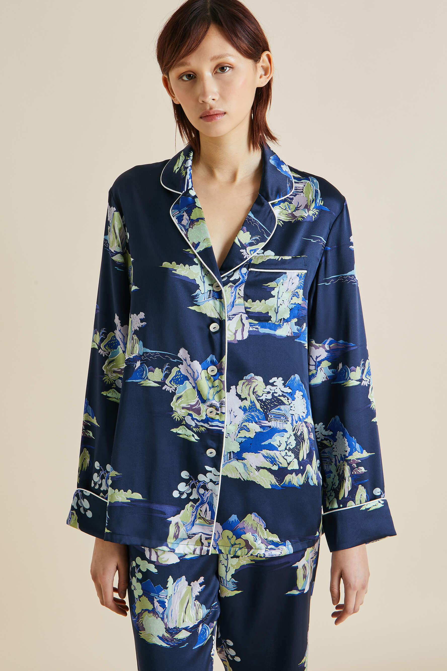 Lila Voyage Navy Mountainscape Silk Satin Pyjamas