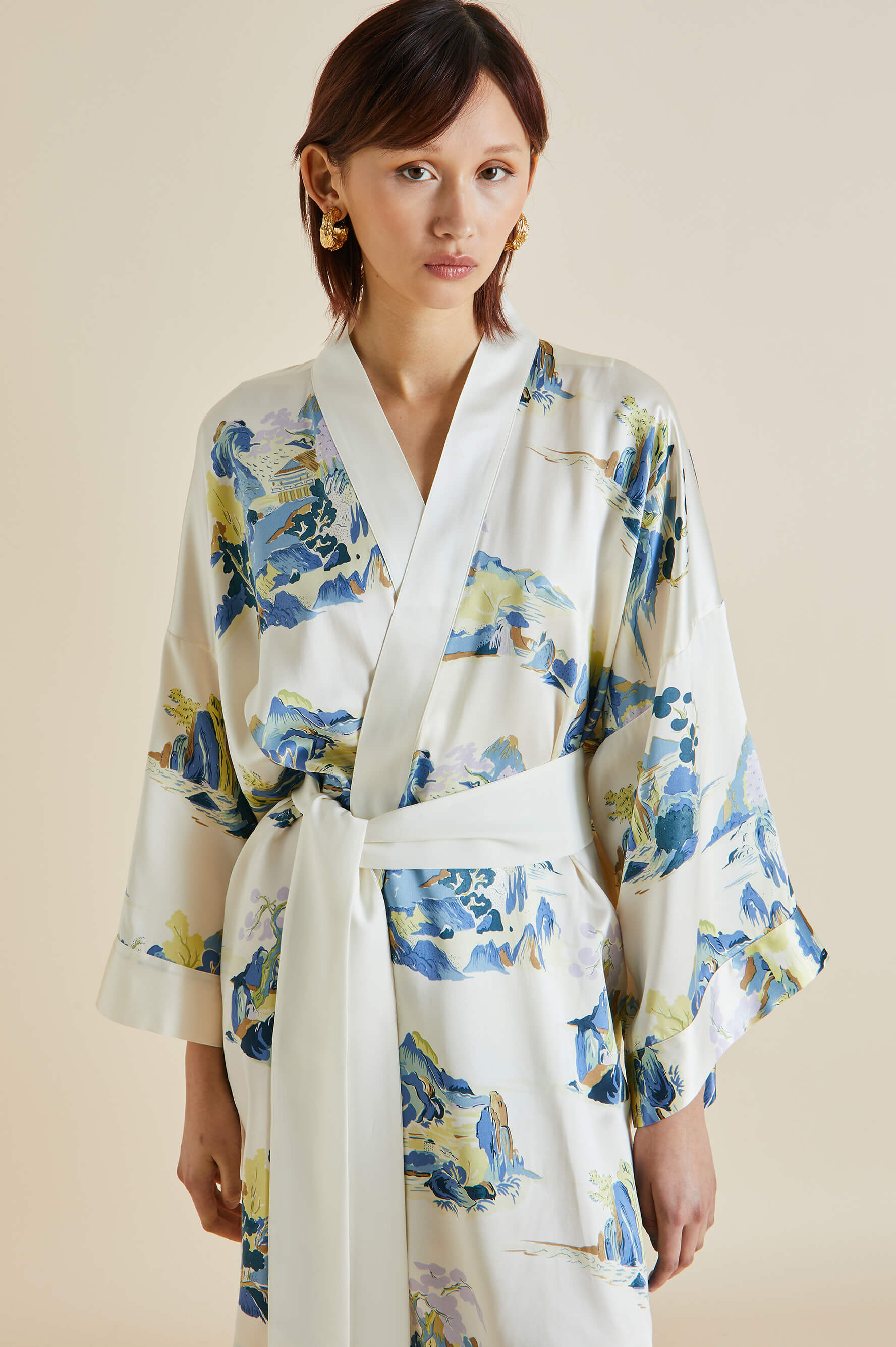 Mimi Paradise Cream Mountainscape Silk Satin Robe