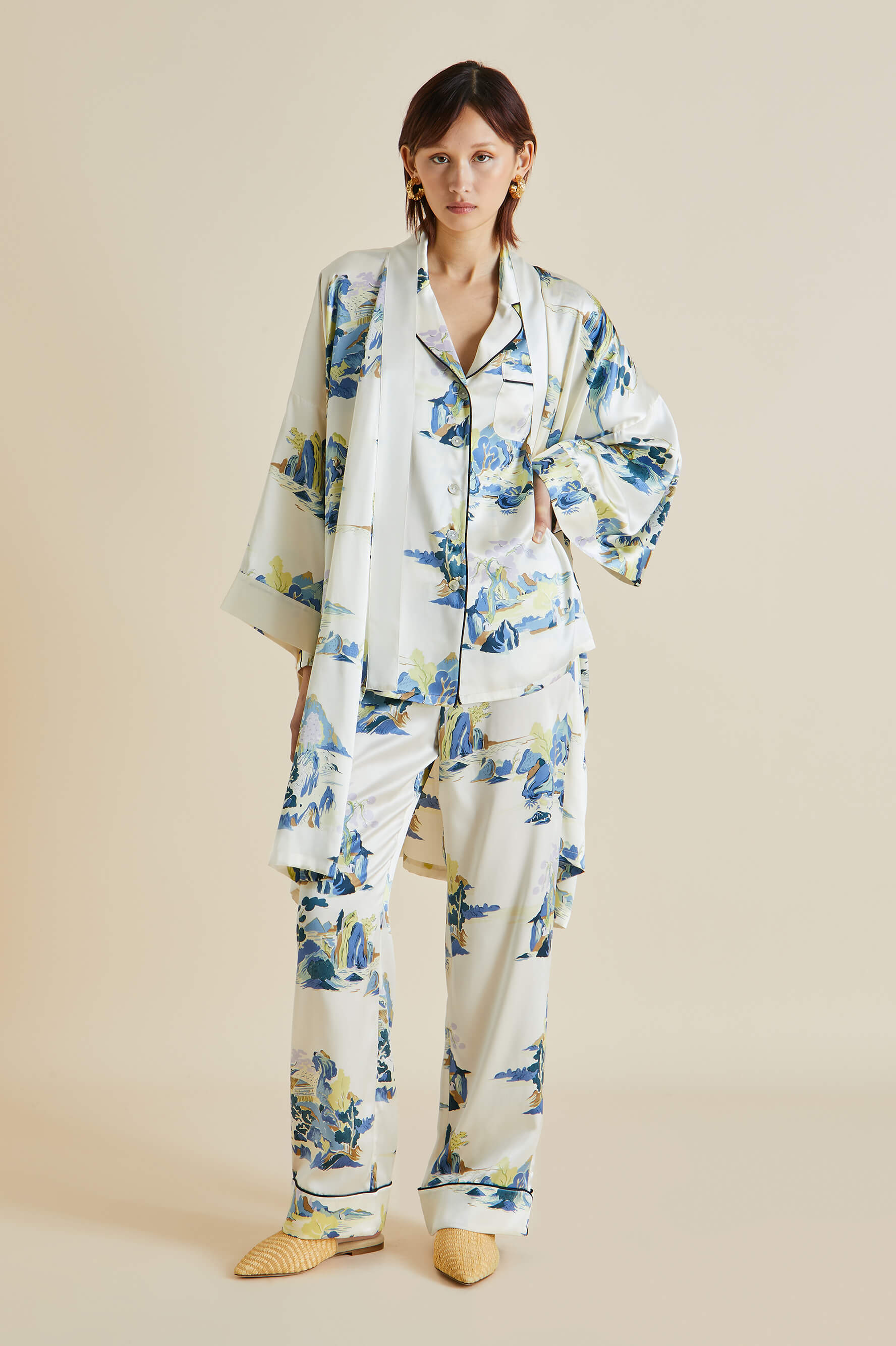 Mimi Paradise Cream Mountainscape Silk Satin Robe