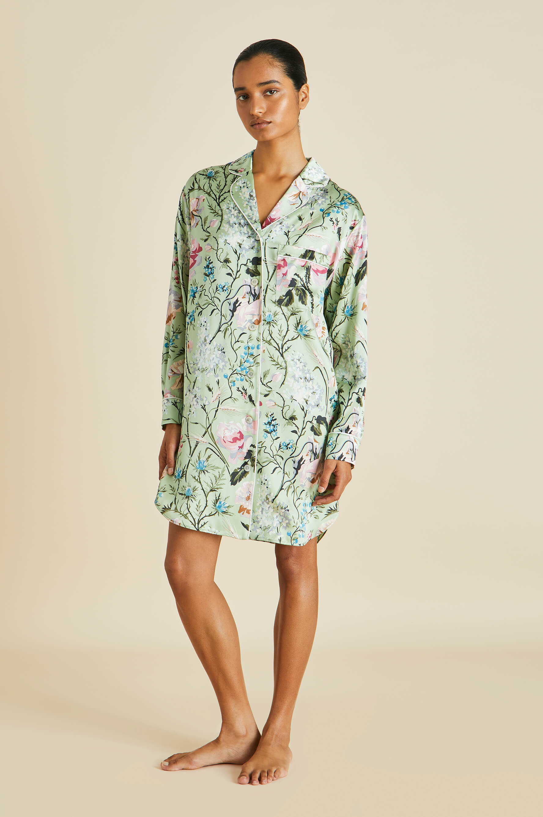 Poppy Effie Green Floral Nightshirt in Silk Satin