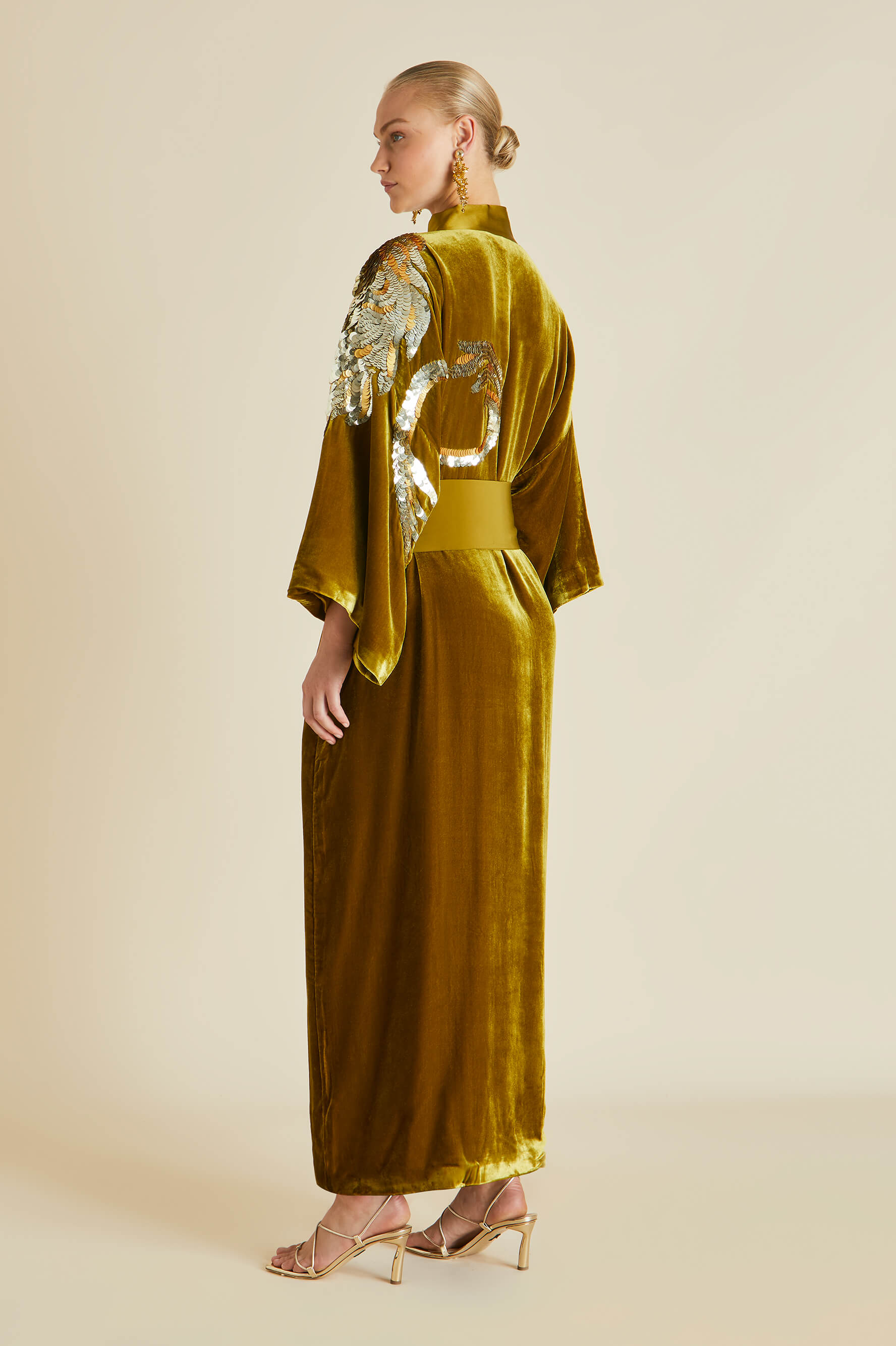 Queenie August Gold Embellished Robe in Silk Velvet