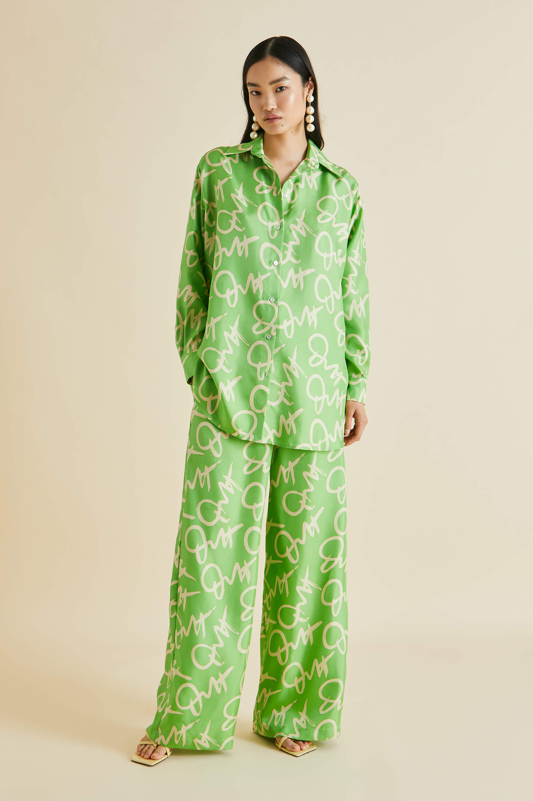 Sophia pyjamas - Set of trousers and top in green silk Paon - Marjolaine