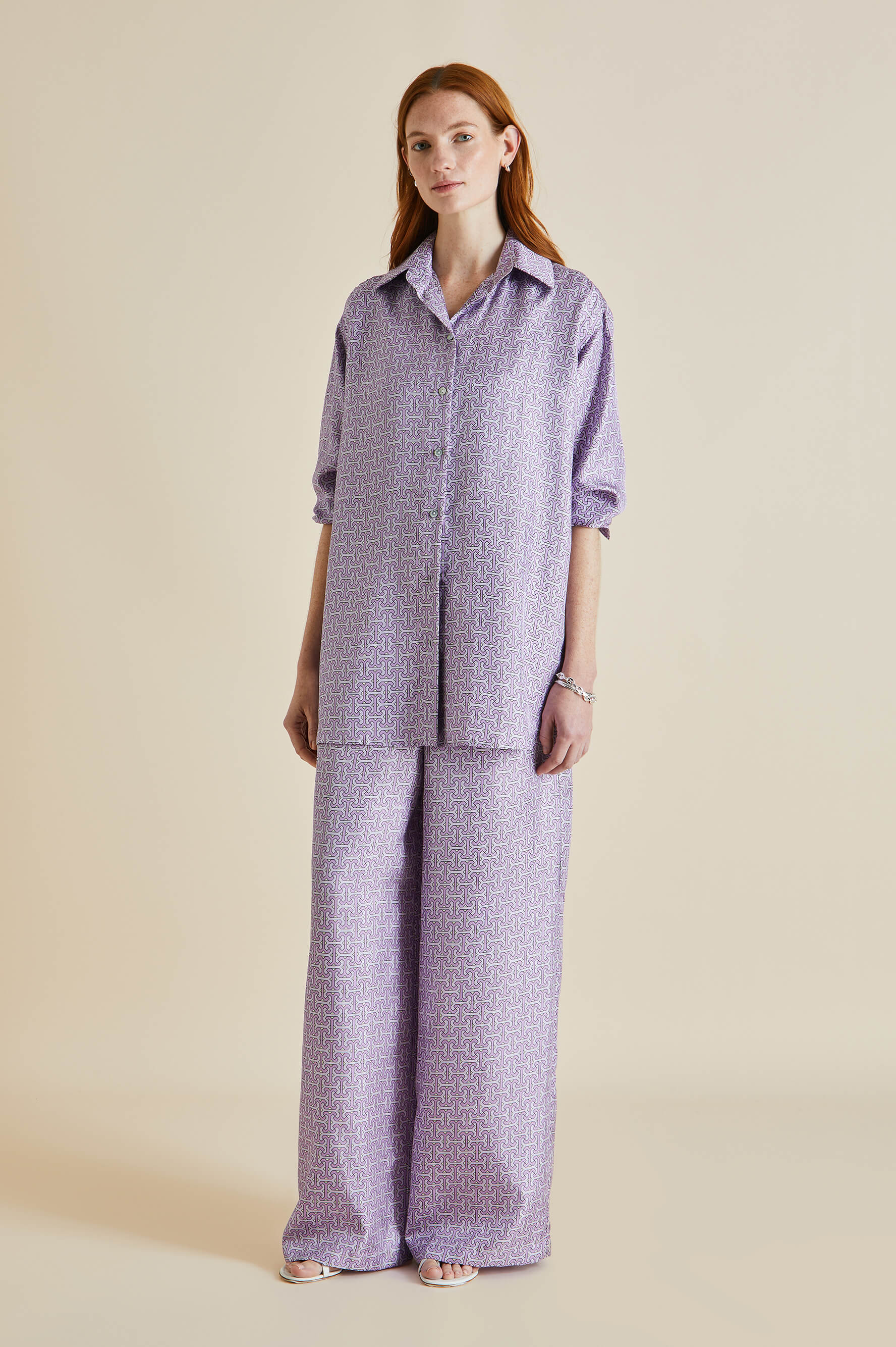 Wolfe Horizon Lilac Geometric Silk Twill Pyjamas