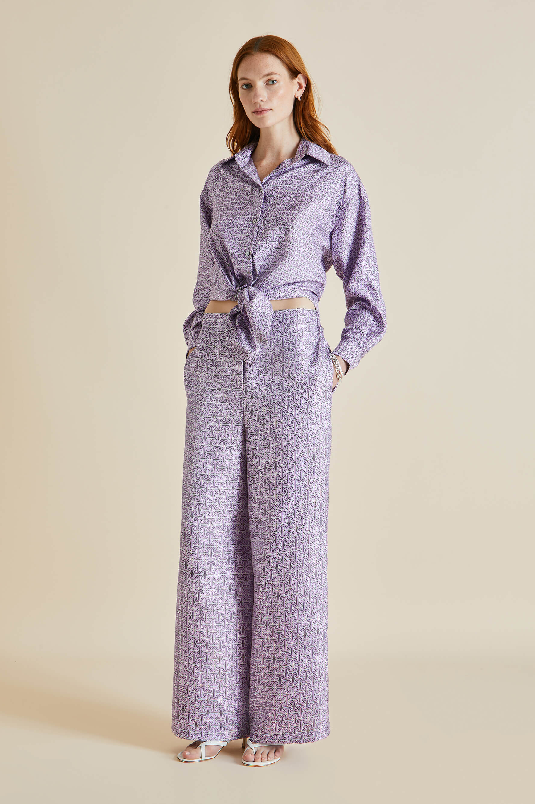 Wolfe Horizon Lilac Geometric Silk Twill Pyjamas