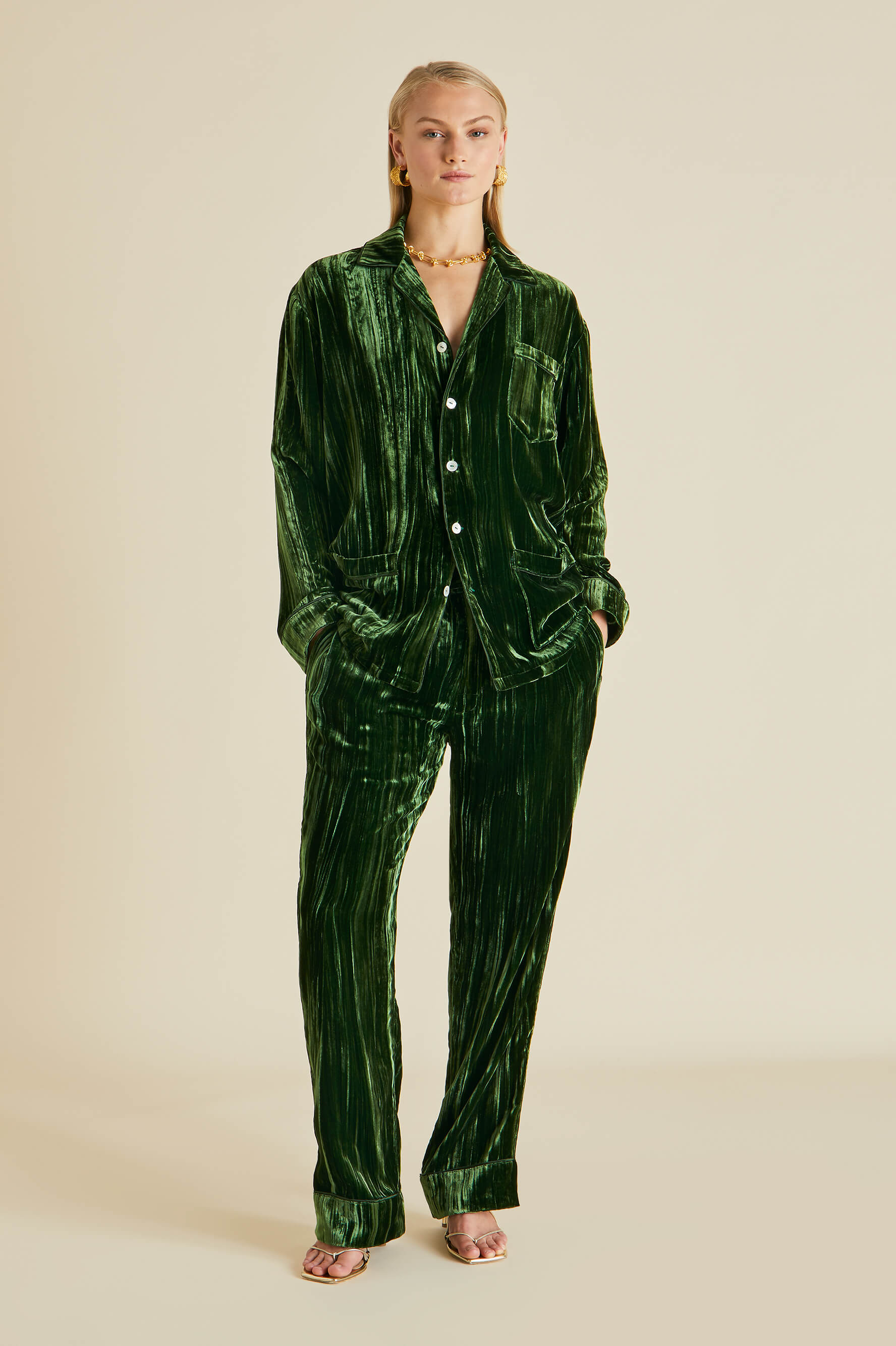 Olivia von Halle  Yves Emerald Green Silk Velvet Pyjamas