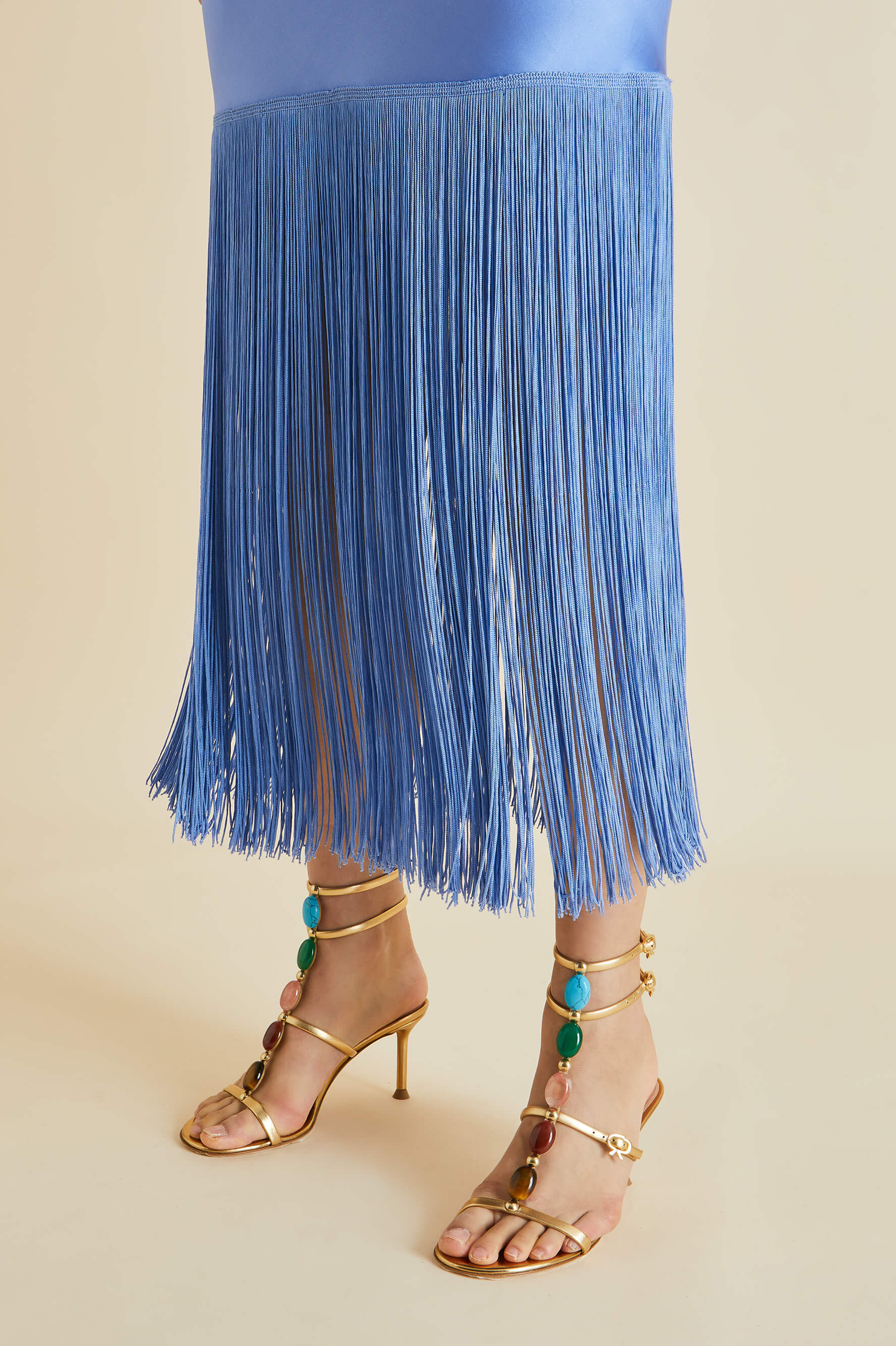 Zoya Blue Fringed Silk Satin Slip Dress