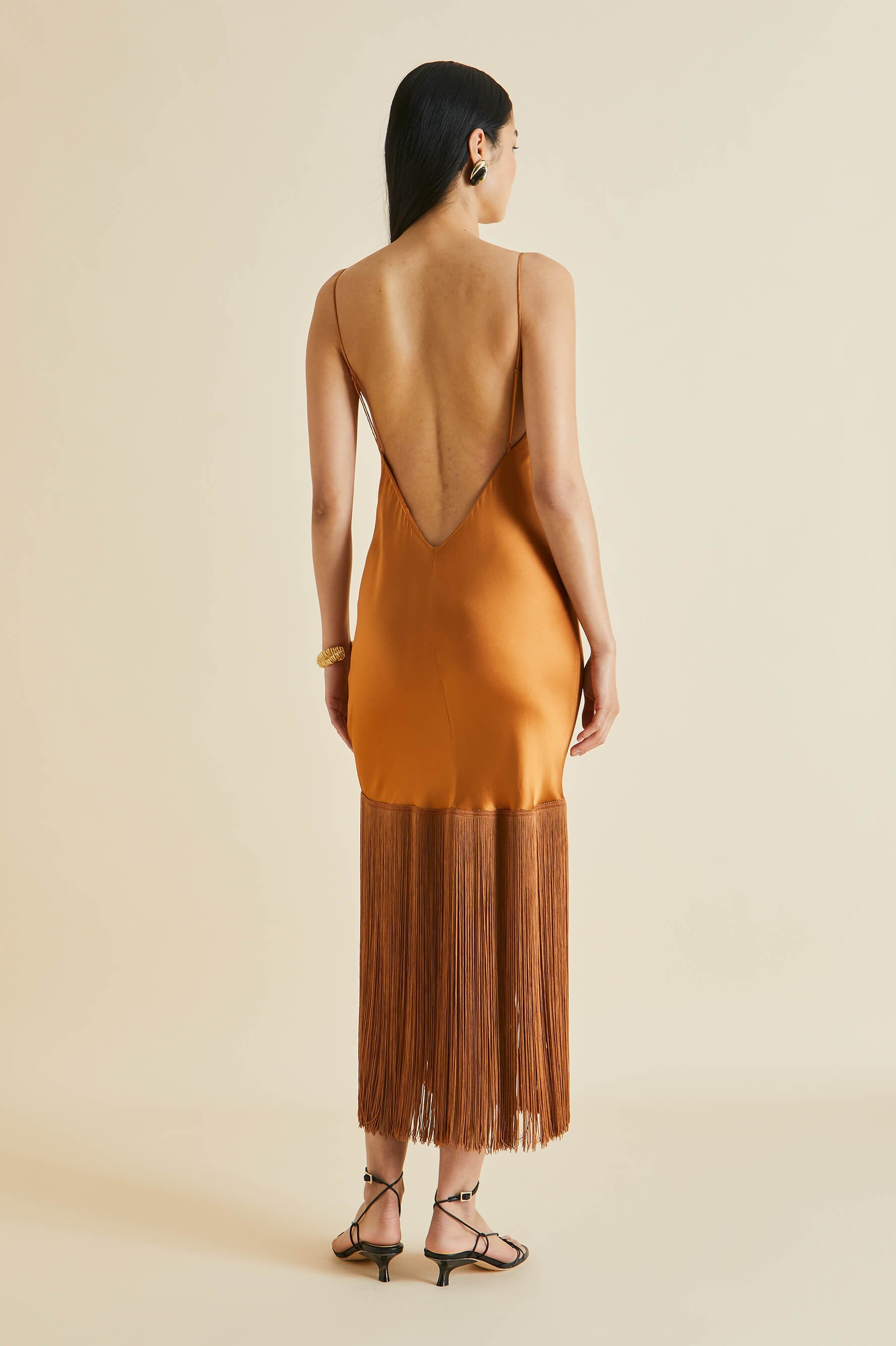 Zoya Bronze Fringed Silk Satin Slip Dress