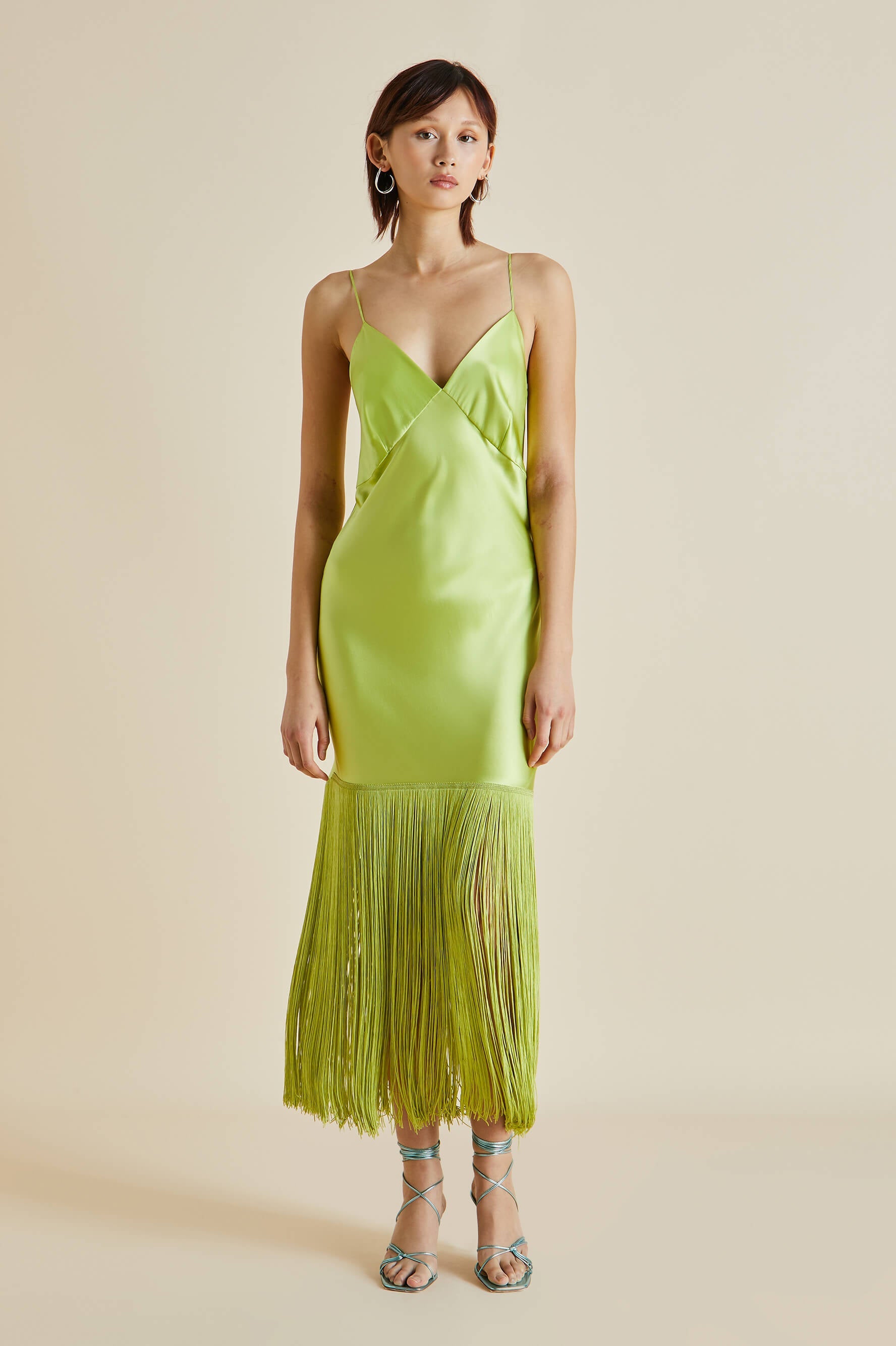 Zoya Palm Green Silk Satin Fringed Slip Dress