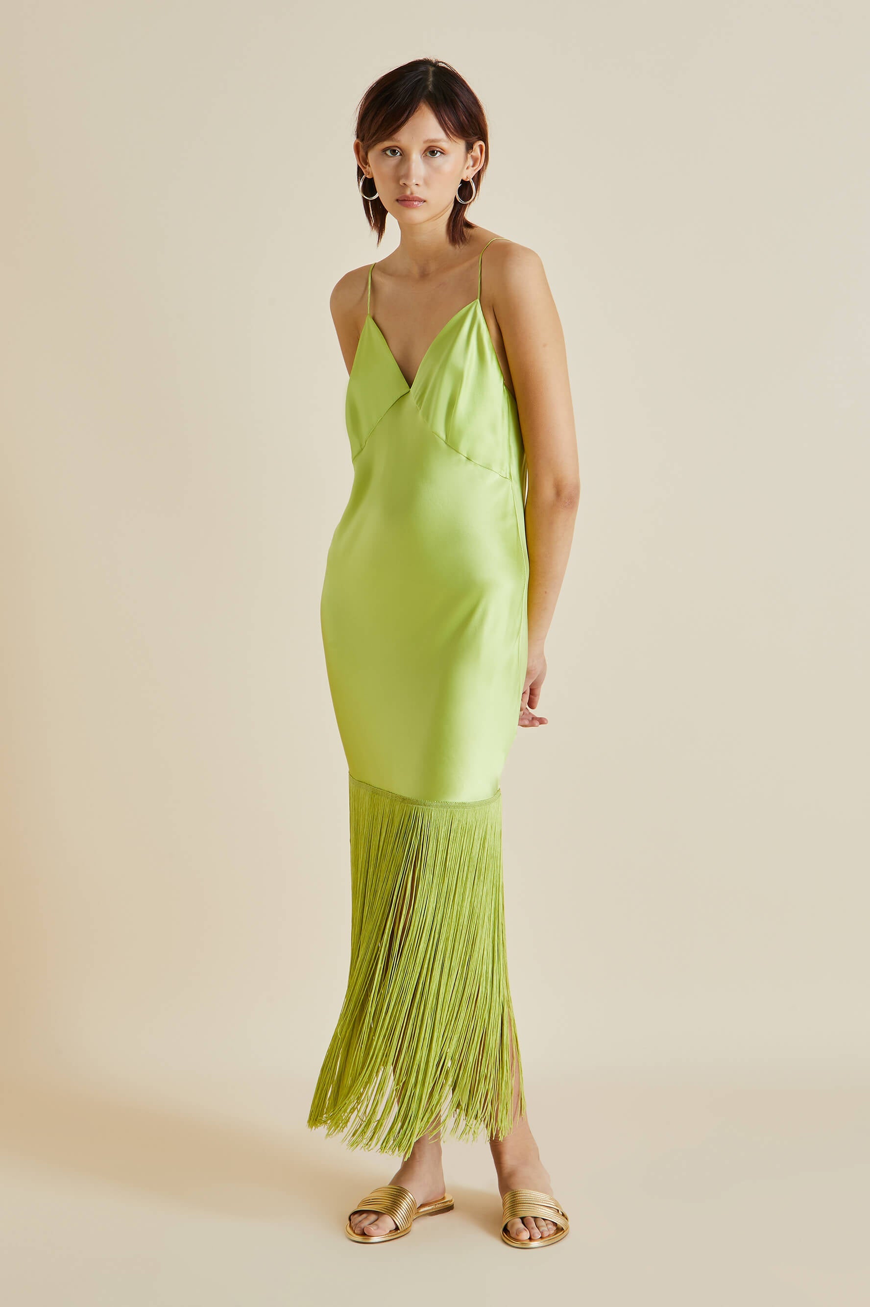 Zoya Palm Green Silk Satin Fringed Slip Dress