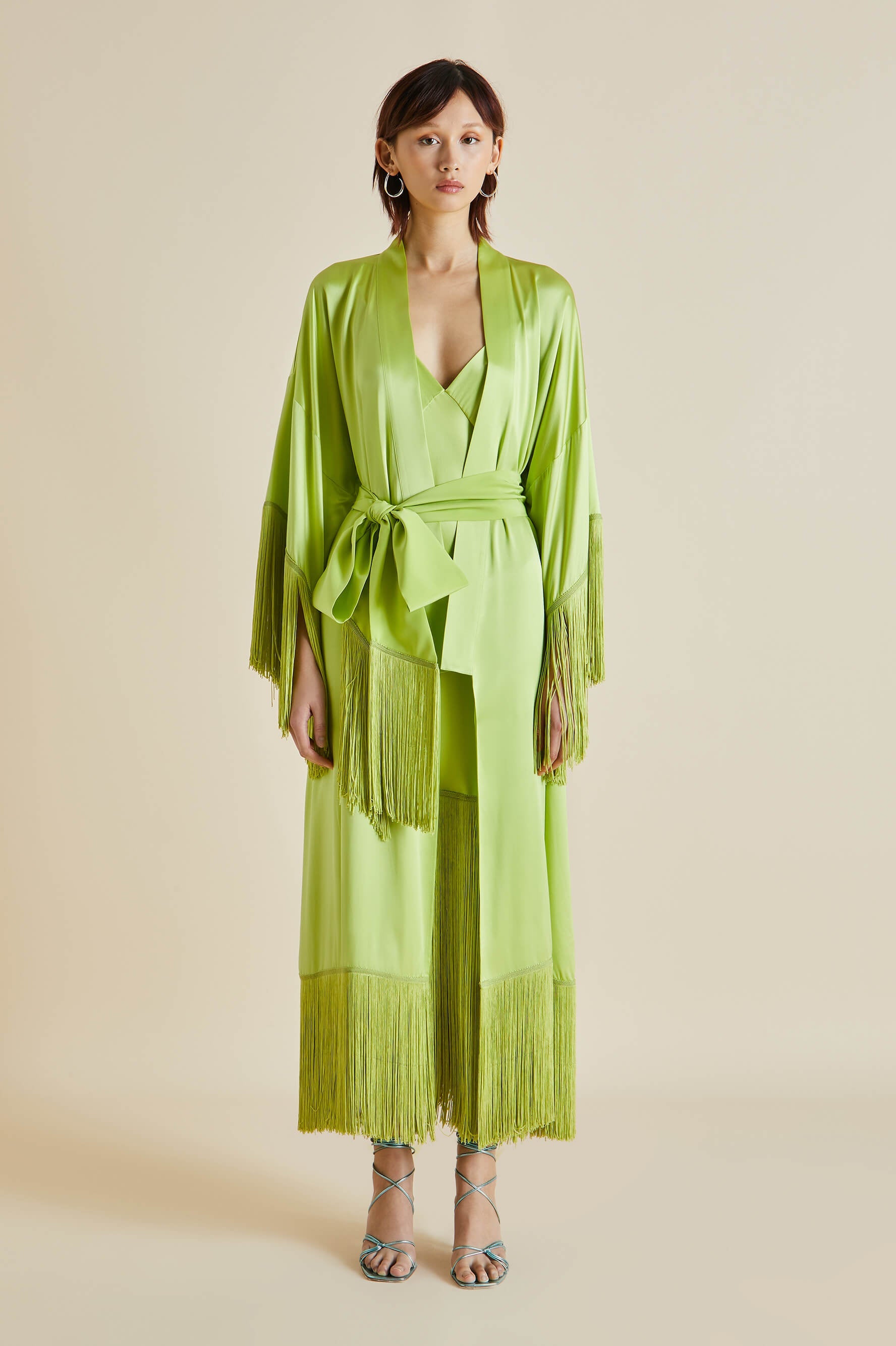 Zoya Palm Green Silk Satin Fringed Slip Dress