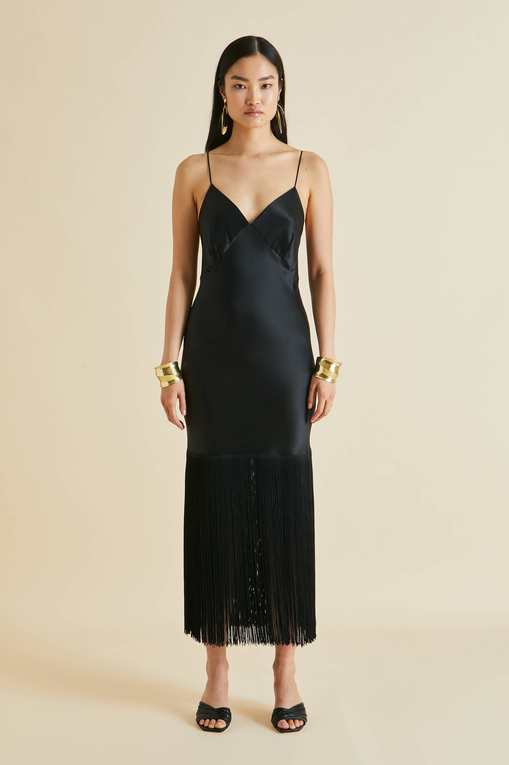 Zoya Black Fringed Slip Dress in Silk Satin